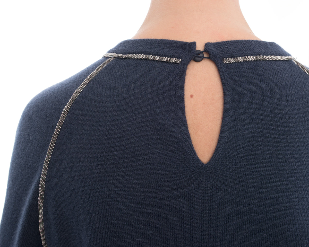 Brunello Cucinelli Navy Blue Cashmere Sweater with Bead Trim - Size M | Luxury Women's Knitwear for Fall & Winter | Perfect for Office, Parties & Holiday Gatherings