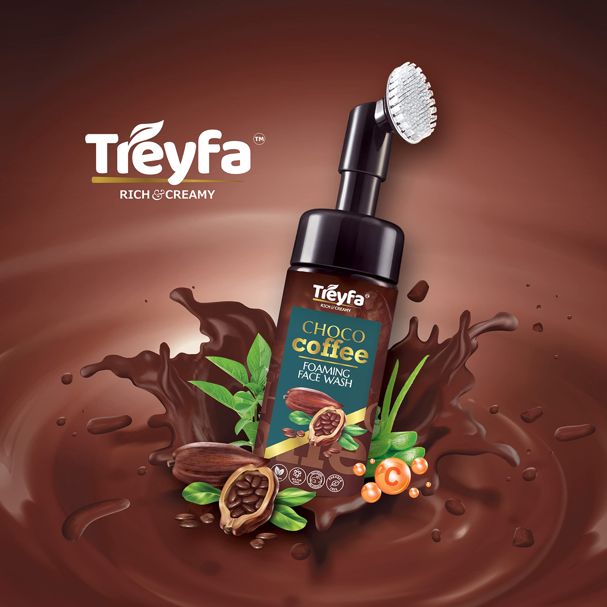 Treyfa Choco Coffee Foaming Face Wash with Vitamin C - Natural Glow & Hydrating Cleanser for Men & Women | Acne Treatment & Beard Wash | Paraben, Sulfate & Silicone Free (150ml) | Perfect for Morning Skincare Routine & Post-Shave Care