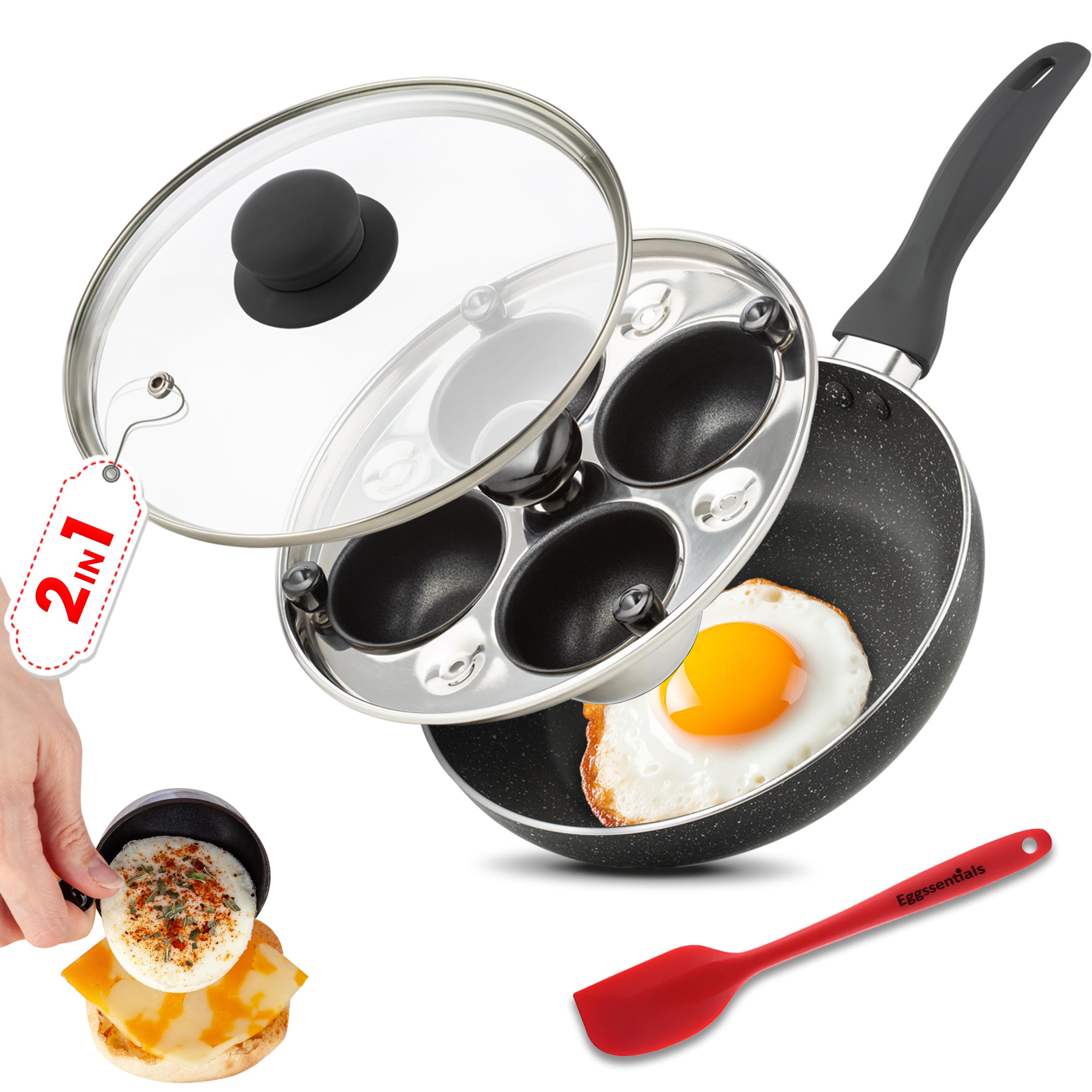 Eggssentials 2-in-1 Nonstick Egg Pan & Poacher - Granite Coated Frying Skillet with Lid for Perfect Poached & Fried Eggs - PFOA Free, Food Safe Cookware with Spatula (4 Cups) - Ideal for Breakfast, Brunch & Meal Prep