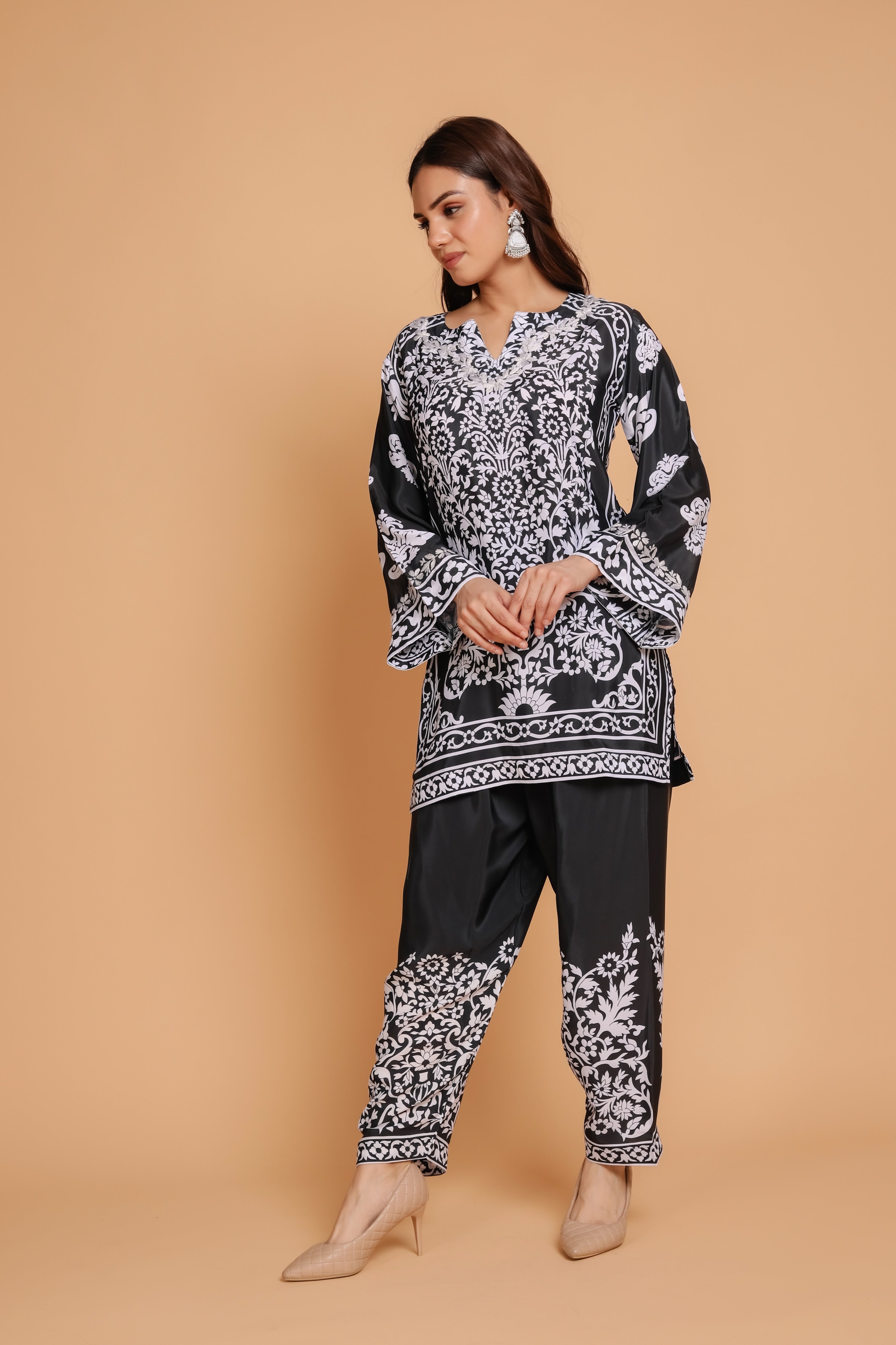 Elegant Saba Chikankari Printed Poly Silk Suit Set for Women - Black | Traditional Indian Ethnic Wear for Festivals & Weddings