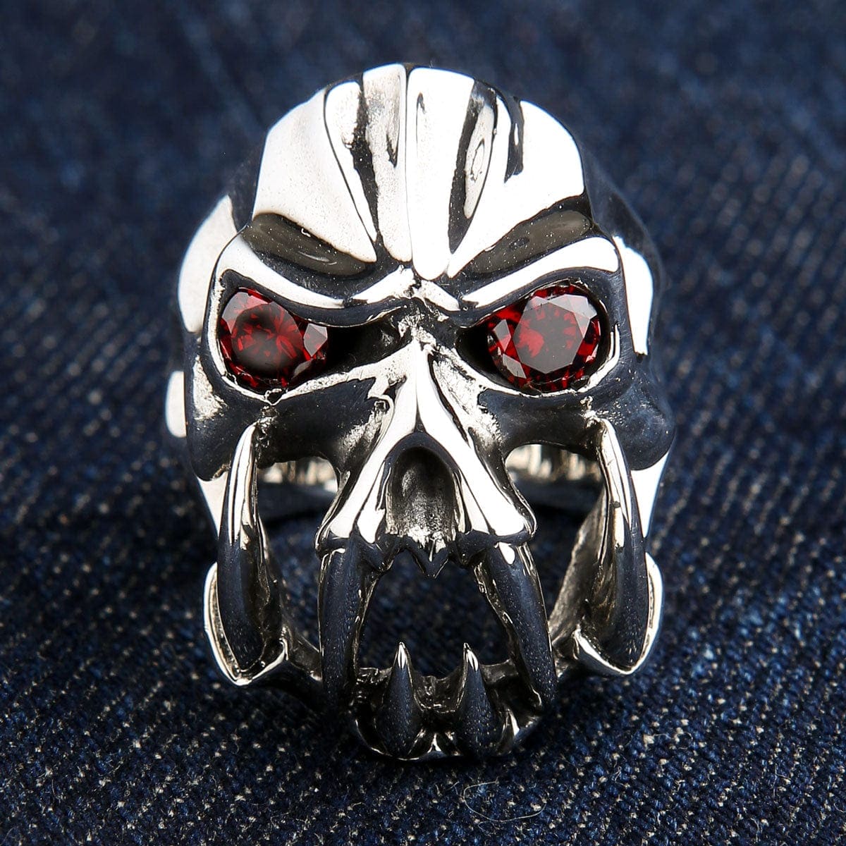 Gothic Red Eyes Fang Devil Skull Biker Ring - Sterling Silver Men's Jewelry for Motorcycle Riders & Rock Fashion Lovers