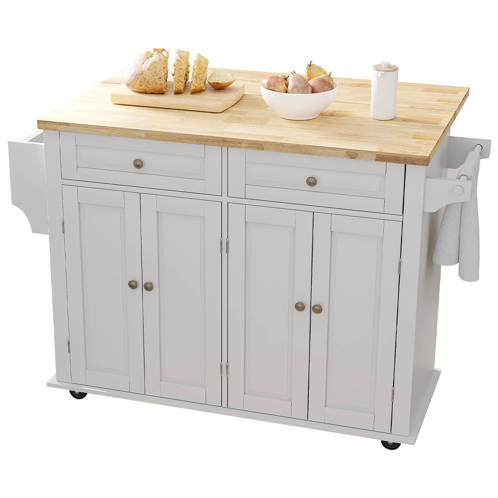 Rolling Kitchen Island with Drop Leaf – White Matte Movable Kitchen Cart on Wheels with Storage Cabinet, Rubber Wood Top, Rack, and Drawers – Perfect for Small Kitchens, Dining, and Entertaining