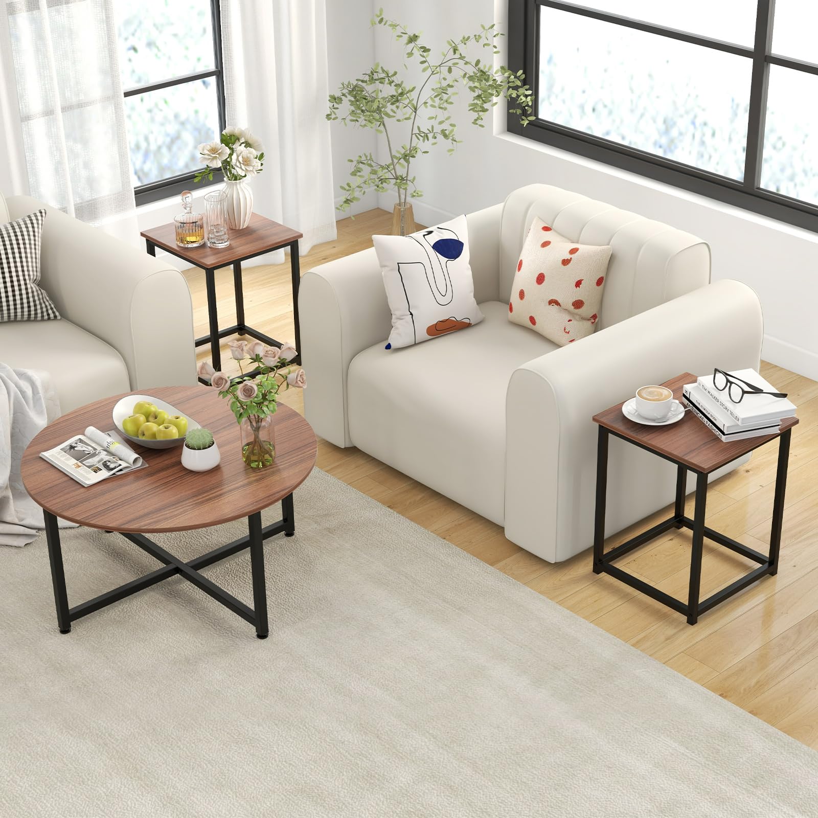 COSTWAY 3-Piece Coffee Table Set - Round Wood Grain Coffee Table & 2 Square End Tables with Sturdy Metal Frame, Modern Living Room Furniture for Small Spaces & Apartments (Walnut & Black) | Perfect for Compact Living Rooms, Studio Apartments & Cozy Home Decor