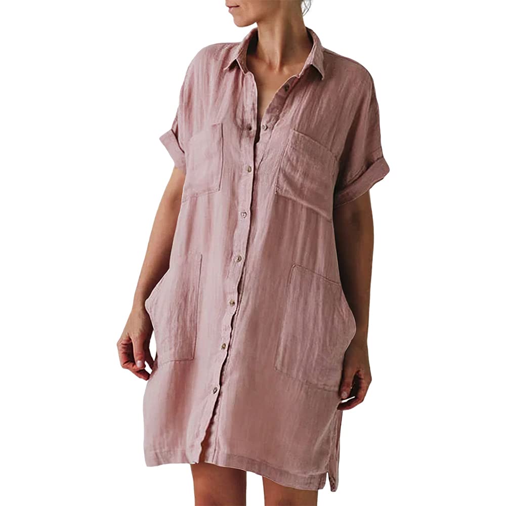 Women's Casual Cotton Linen Button Down Shirt Dress - Oversized Loose Short Sleeve Midi Beach Dress with 4 Pockets | Perfect for Summer Vacation, Beach Cover Up & Boho Style Outfits
