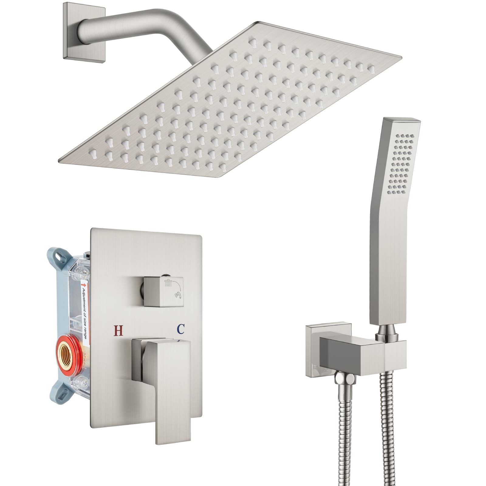 Gotonovo 8 Inch Rainfall Shower System - Brushed Nickel Wall Mounted Shower Head and Handle Combo with Solid Brass Pressure Balancing Mixer Valve - Perfect for Modern Bathroom Renovation and Spa-Like Shower Experience