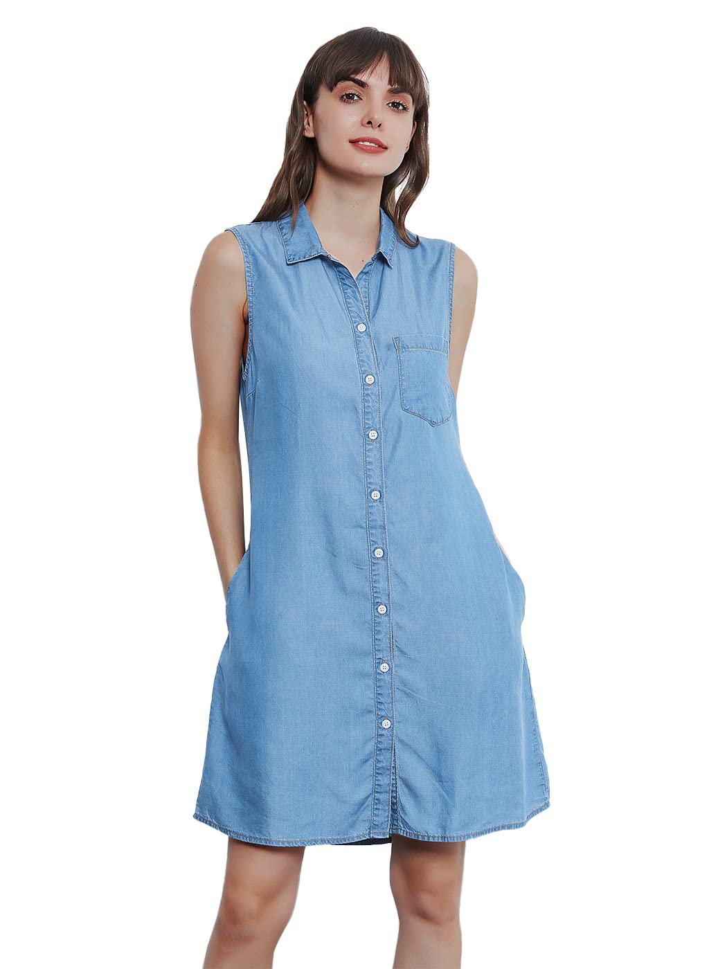 Anna-Kaci Women's Sleeveless Blue Button Down A-Line Midi Dress with Pockets | Casual Summer Dress for Beach, Office & Date Night Outfits