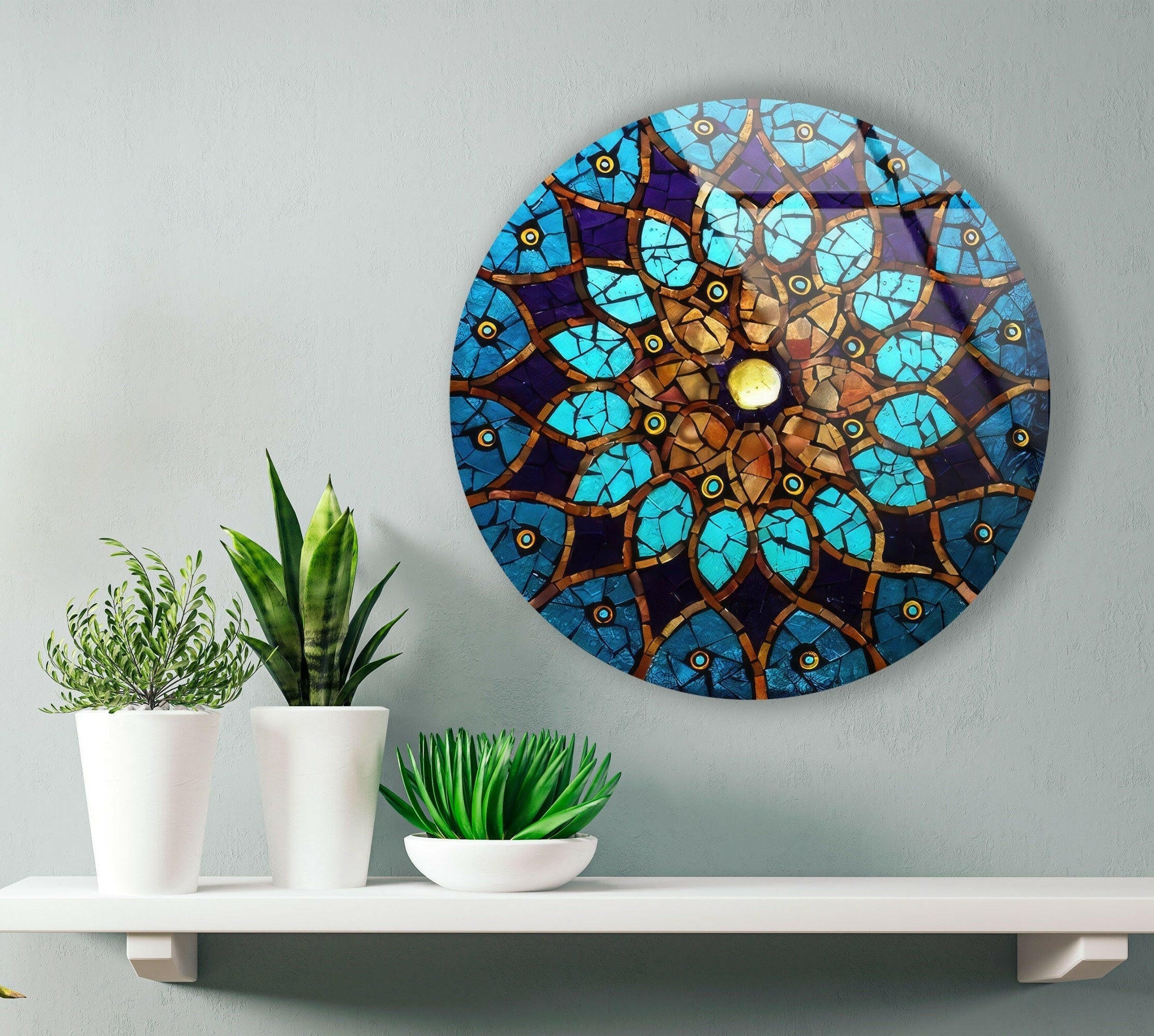Blue Mosaic Design Round Glass Wall Art - Handmade Decorative Mirror for Living Room, Bedroom & Bathroom - Perfect for Home Decor & Gift Giving
