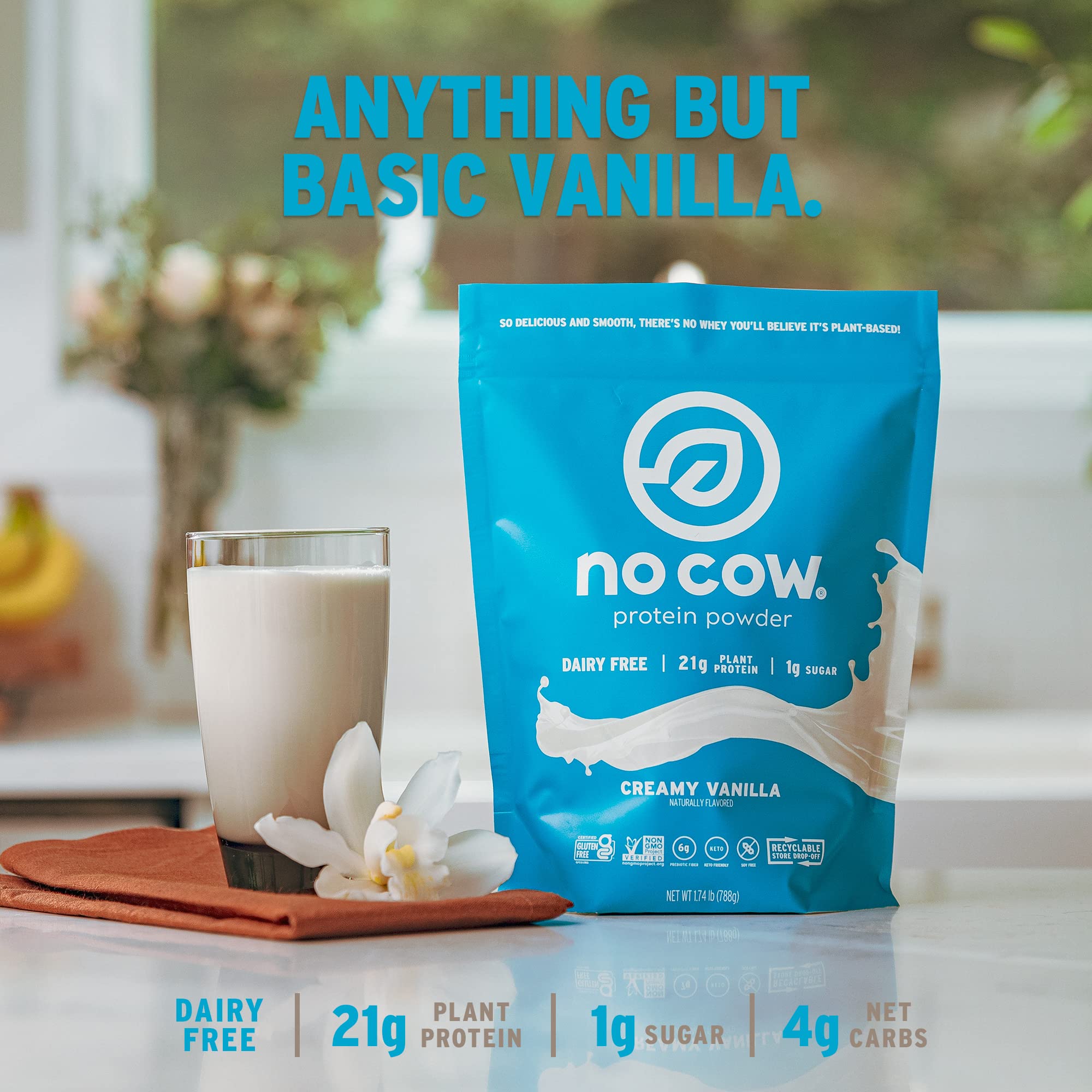 No Cow Vegan Protein Powder - Vanilla Flavor, 21g Plant-Based Protein | Dairy Free, Soy Free, Sugar Free, Keto & Gluten Free | Non-GMO, Kosher Certified | 1.74lb Recyclable Bag | Perfect for Post-Workout Recovery & Healthy Smoothies