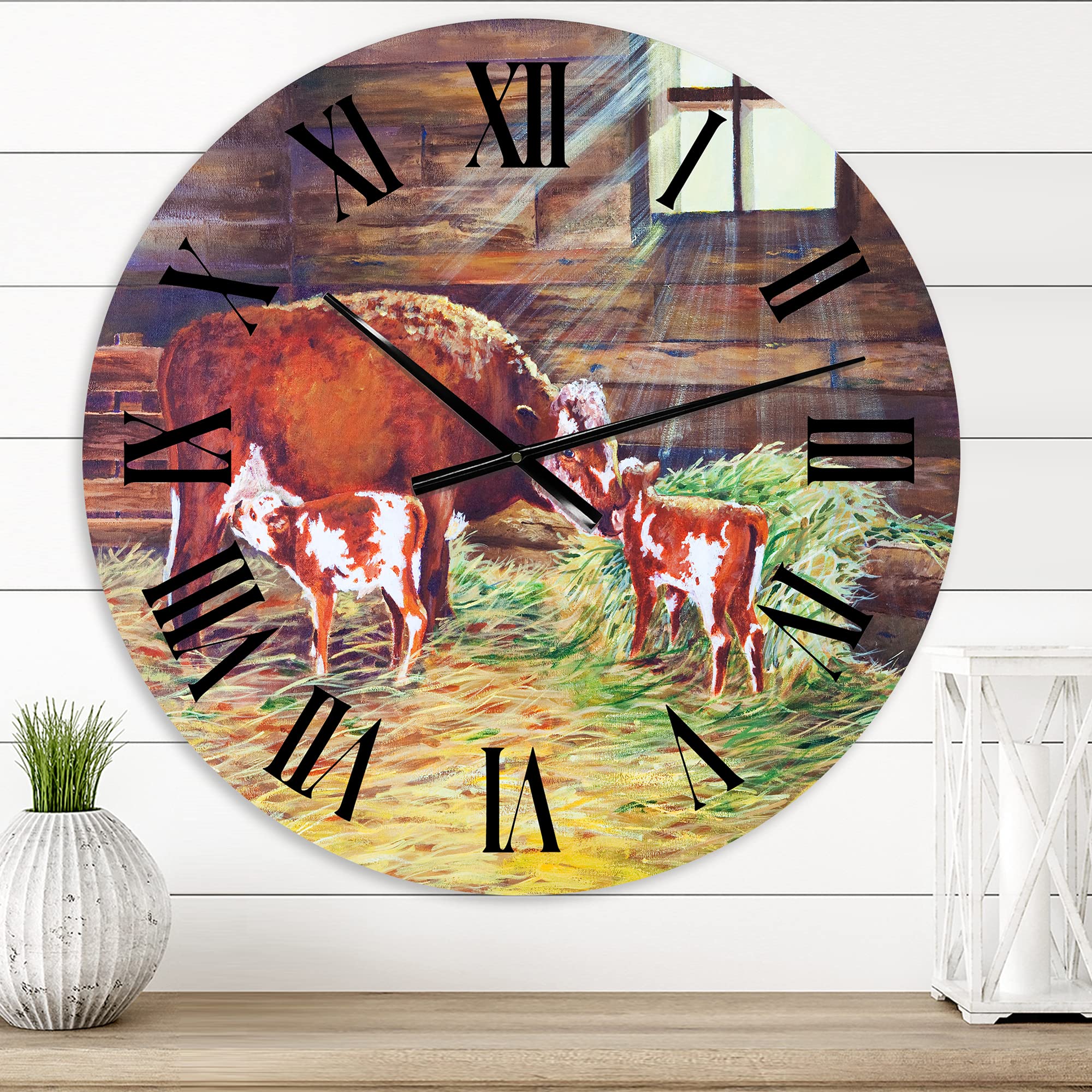 Farmhouse Wall Clock - 'Newborn Twin Calves at The Farm' Large Rustic Animal Wall Clock for Bedroom, Living Room, Kitchen Decor | Perfect for Farmhouse, Country, Cottage Style Homes