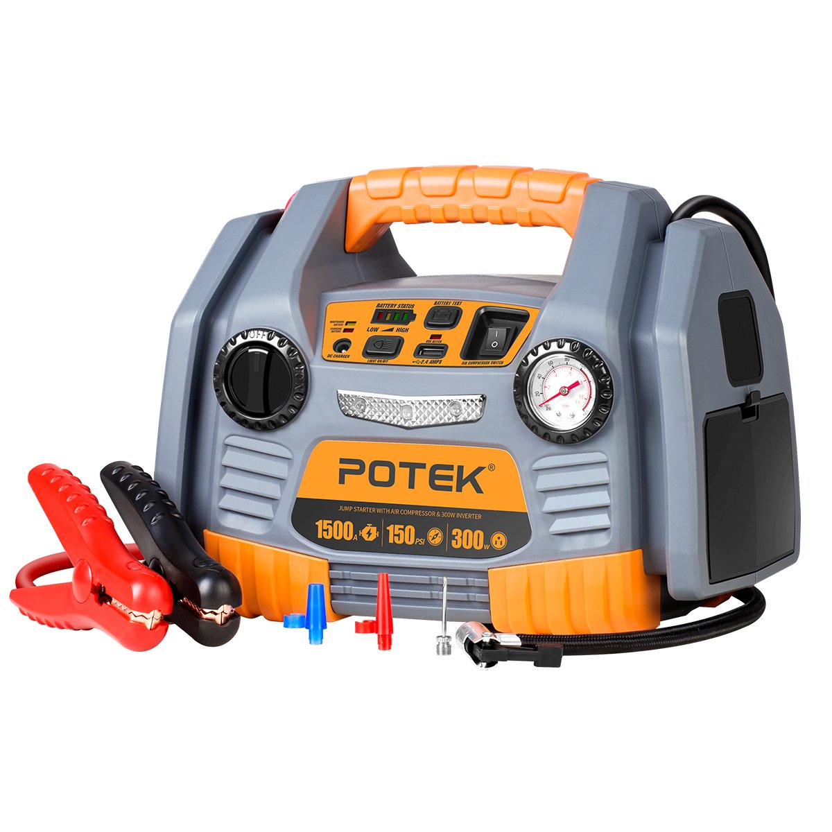 POTEK 1500A Portable Power Station with 300W Inverter & 150PSI Air Compressor - 750A Instant Jump Starter for Cars, RVs, Boats - Emergency Power Supply for Camping, Outdoor Adventures & Home Backup