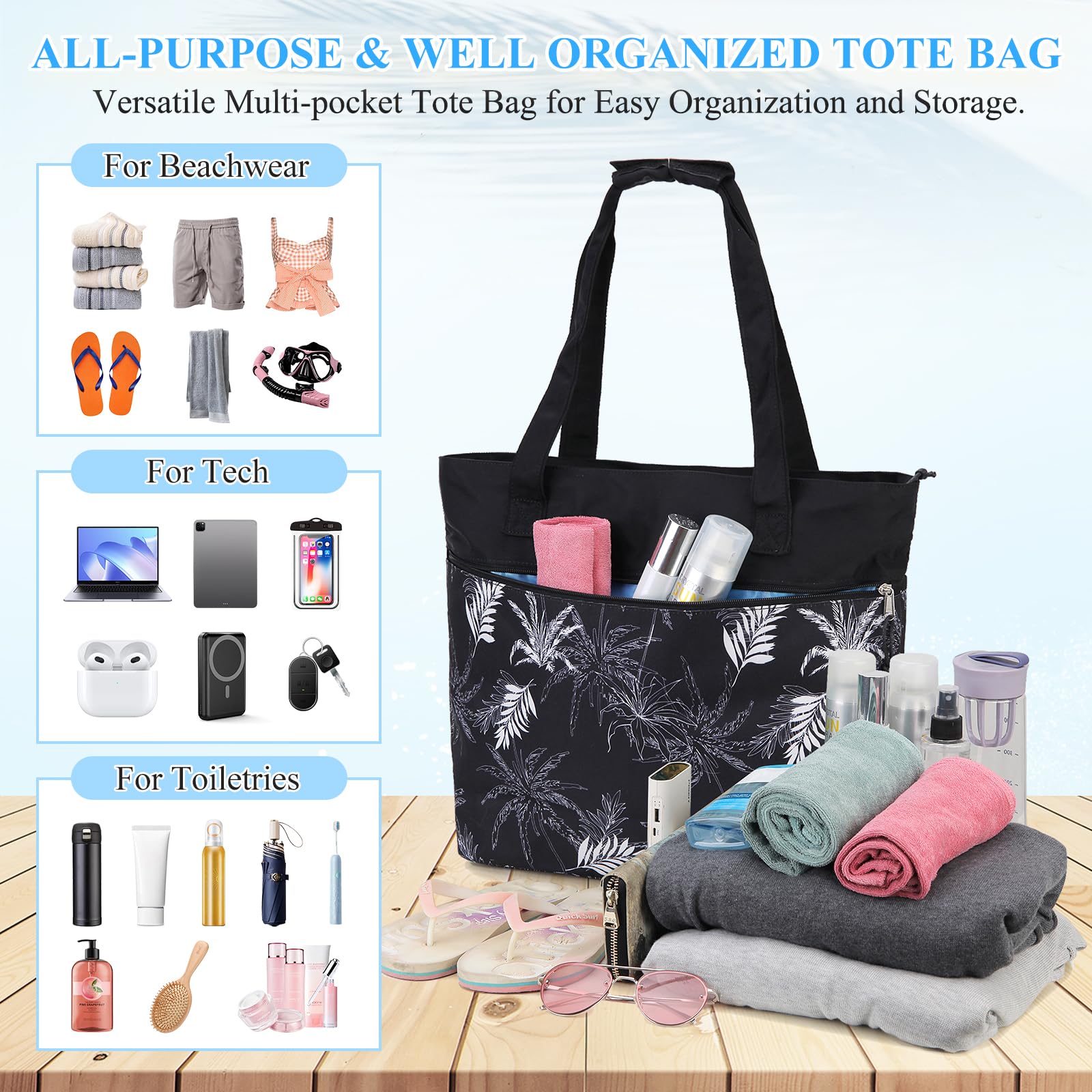 VX VONXURY Women's Large Lightweight Travel Tote Bag - Water Resistant, Sandproof Gym & Beach Bag with Zipper & Wet/Dry Separation | Perfect for Workouts, Travel, Beach Trips & Sports