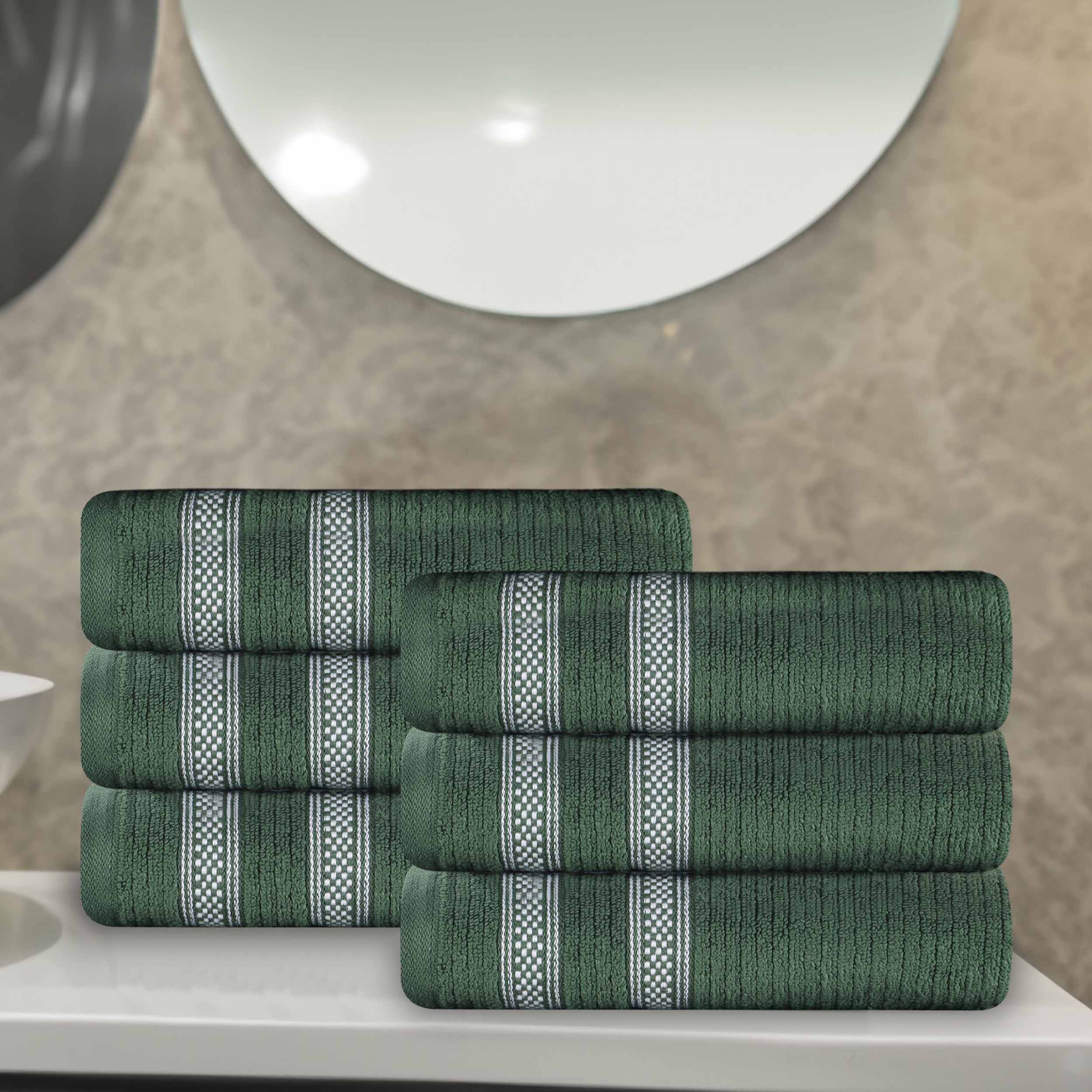 Premium 6-Pack Zero Twist Cotton Ribbed Geometric Border Plush Hand Towels - Ultra Soft & Absorbent for Bathroom, Kitchen, and Guest Use