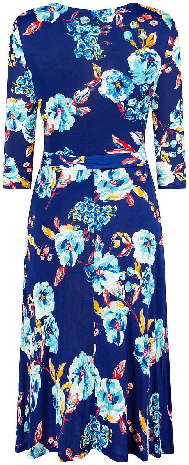 Women's Navy Blue 3/4 Sleeve Faux Wrap Midi Dress - Made in USA, Knee Length Summer Dress for Wedding Guest, Party, Bridal Shower, Baby Shower & Maternity Nursing - Perfect for Office Work, Date Night and Cocktail Events