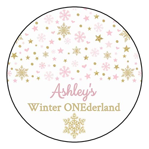 12 Pack Personalized Winter Wonderland Birthday Party Stickers - Custom Snowflake Labels & Tags for Onederland Favors (Pink & Gold) - Perfect for Baby Shower Invitations, Scrapbooking & Gift Wrapping