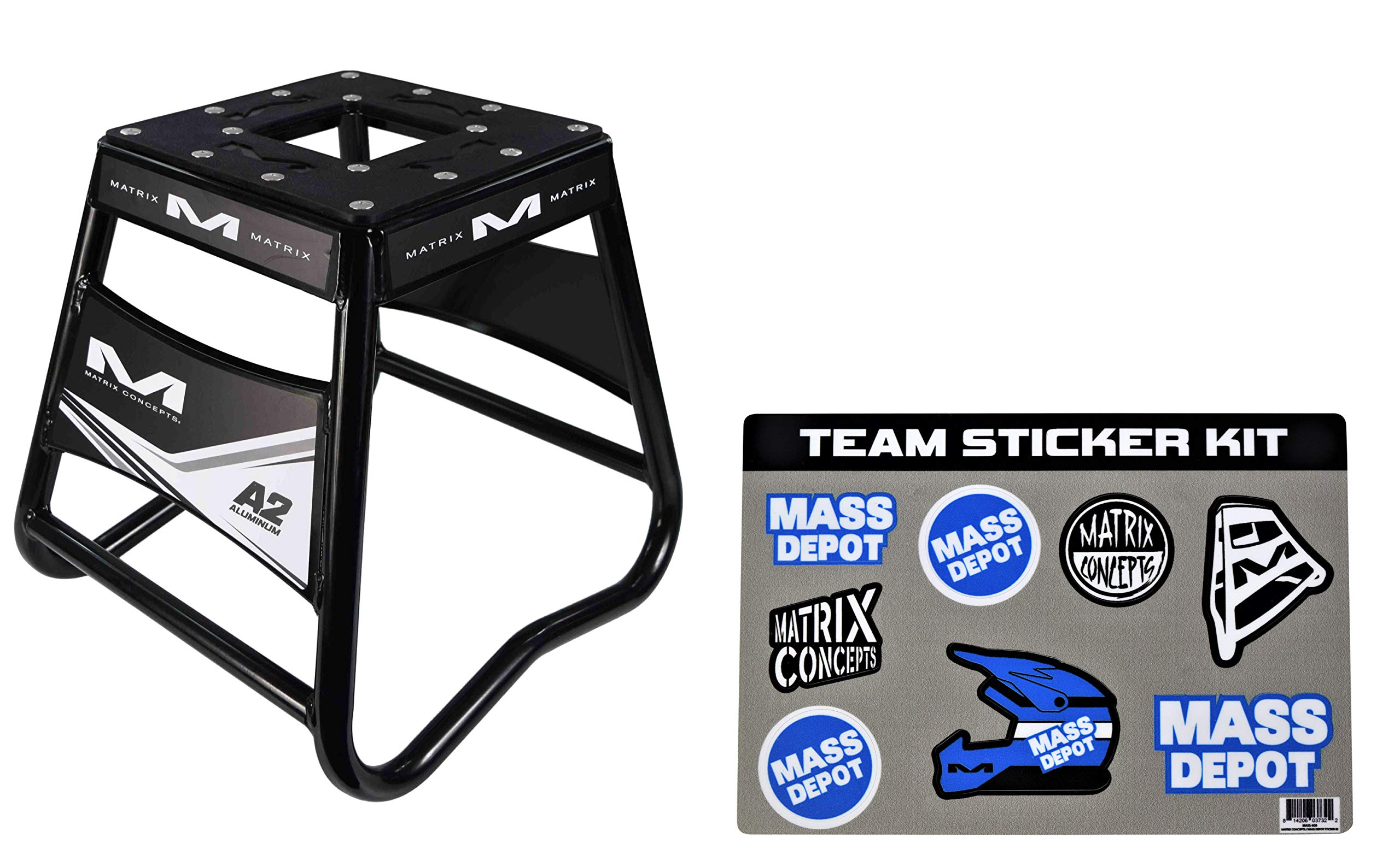 Matrix Concepts A2 Motocross Aluminum Dirt Bike MX Stand with Limited Edition 25-Piece Sticker Kit (Black) - Heavy Duty Motorcycle Lift for Garage, Racing & Off-Road Maintenance