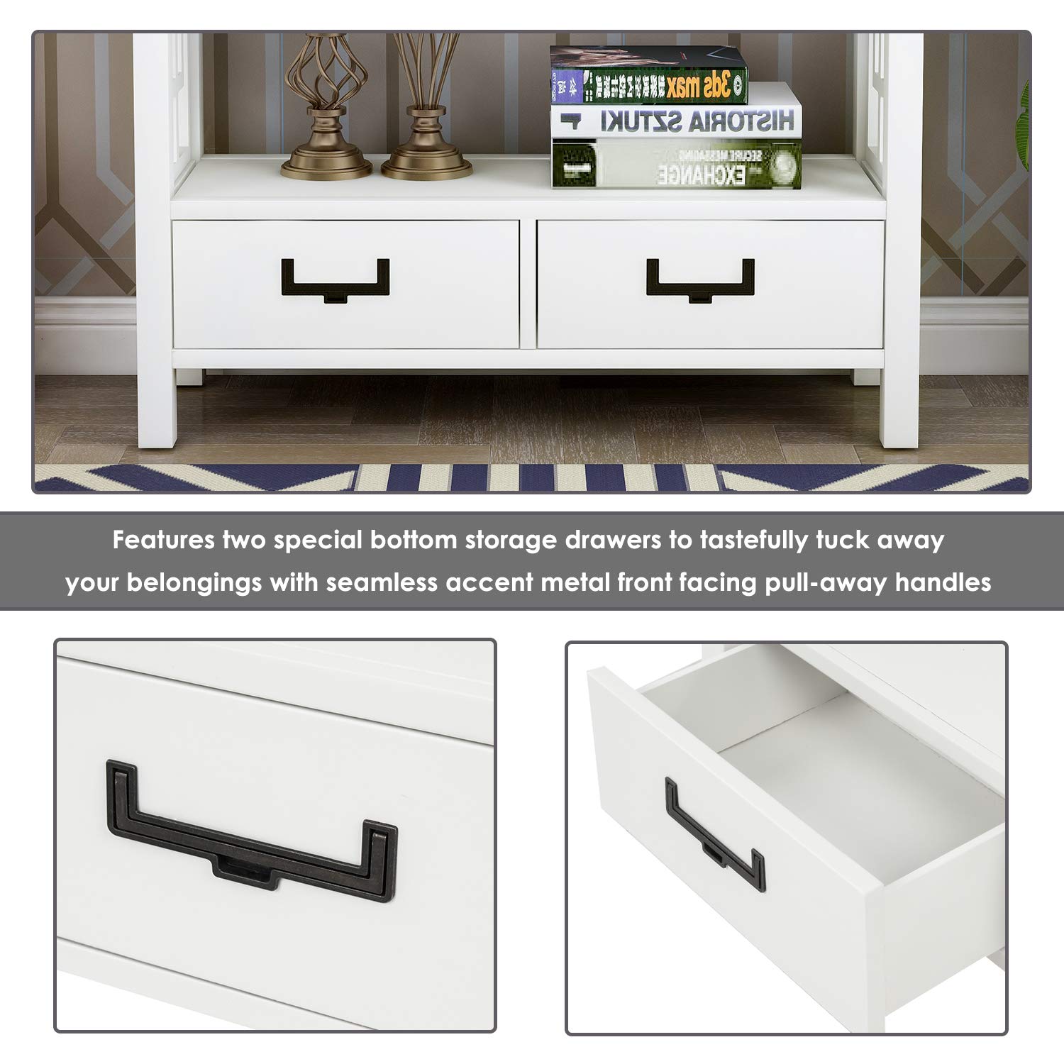 Rustic Pine Wood Console Table with 2 Drawers & Storage Shelf - Farmhouse Narrow Sofa Table for Entryway, Living Room, Bedroom or Hallway - Perfect for Small Space Organization & Home Decor (White Finish)
