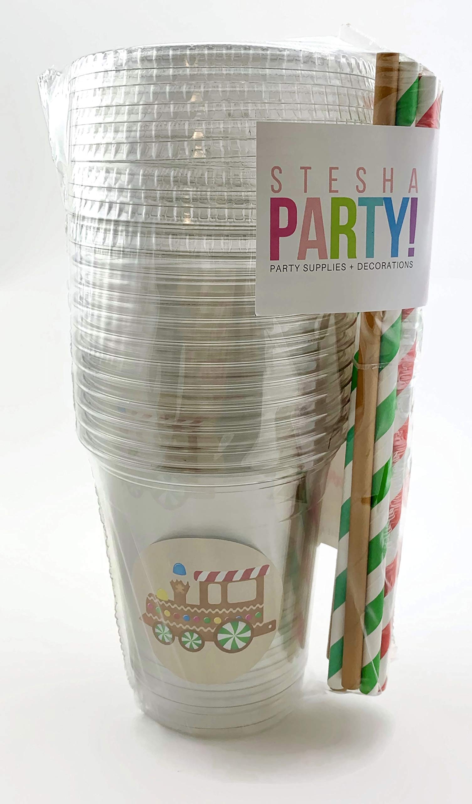 Gingerbread Train Christmas Party Cups with Lids and Straws - 12 Pack | Holiday Drinkware for Festive Gatherings, Kids Christmas Parties & Hot Cocoa Serving