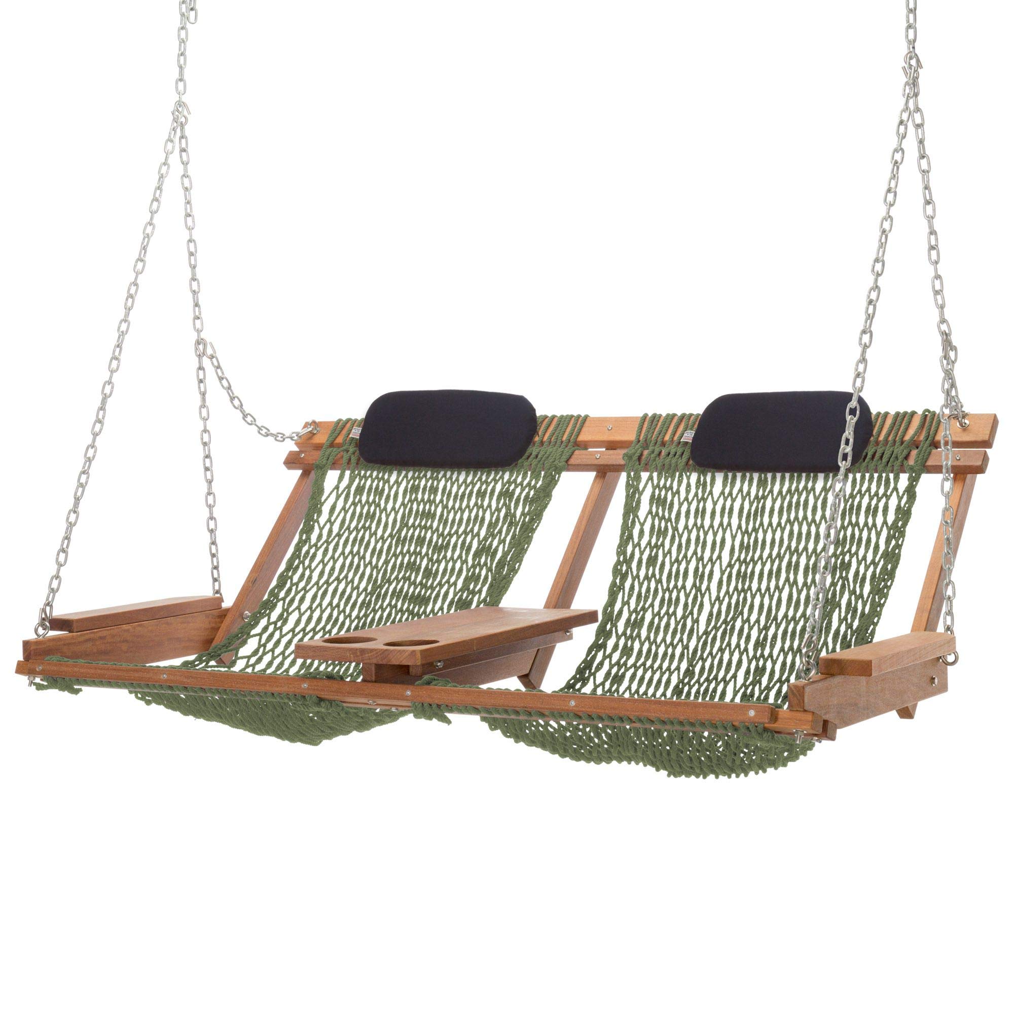 Premium Cumaru Wood Double Porch Swing with Navy Pillows - Durable Meadow DuraCord Hammock for Outdoor Relaxation | Perfect for Backyard, Patio, Garden & Beach Lounging