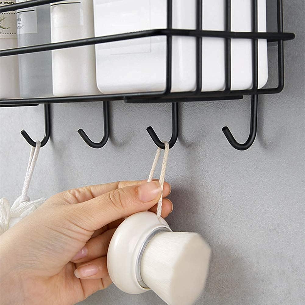 Boniry Stainless Steel Wall Mounted Bathroom Shelf - Self Adhesive Shower Organizer with 4 Hooks for Towels, Space Saving Bathroom Storage for Small Spaces - Perfect for Bath, Shower & Laundry Room Organization (Black, 1 Pack)