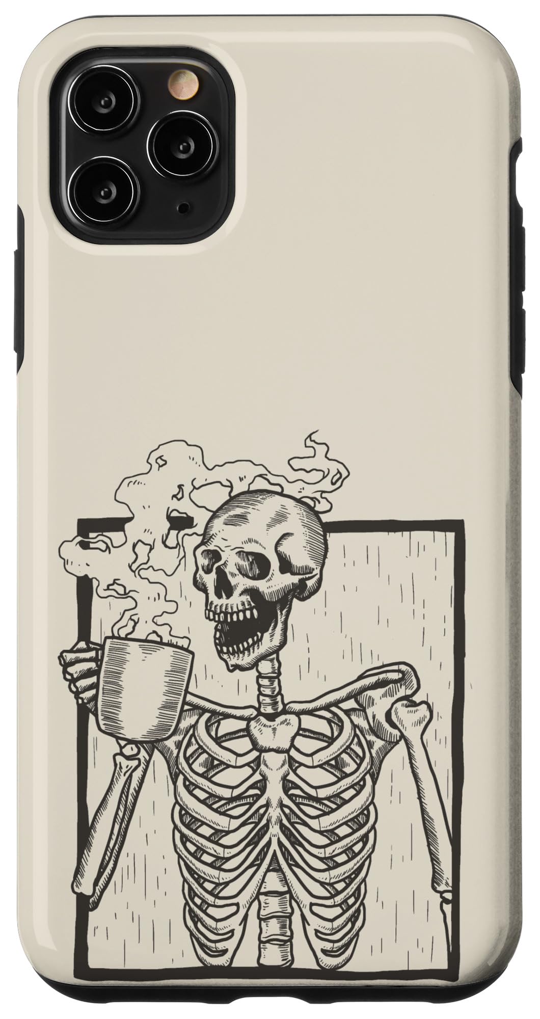 Vintage iPhone 11 Pro Max Case with Smiling Skull Drinking Coffee Design - Trendy Protective Cover for Daily Use, Office & Gifts