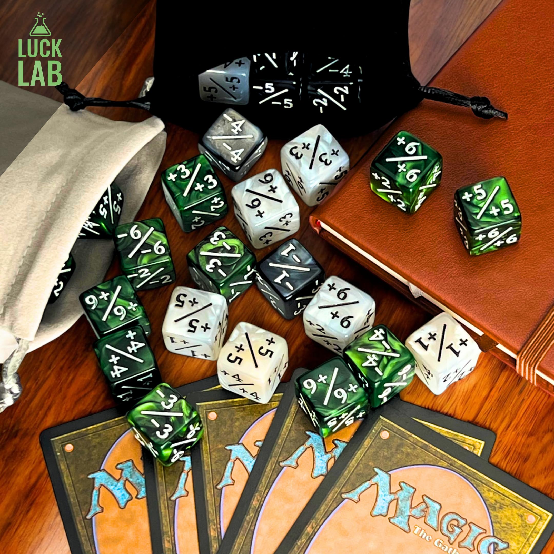 Luck Lab MTG Magic Life Counter Dice - 48 PCS for Magic The Gathering Card Game Accessories, CCG Creature Stats Tracker with 2 Dice Bags (Green Swirl, White Pearl, Black Pearl) - Perfect for MTG Tournaments, Commander Games & Tabletop RPGs