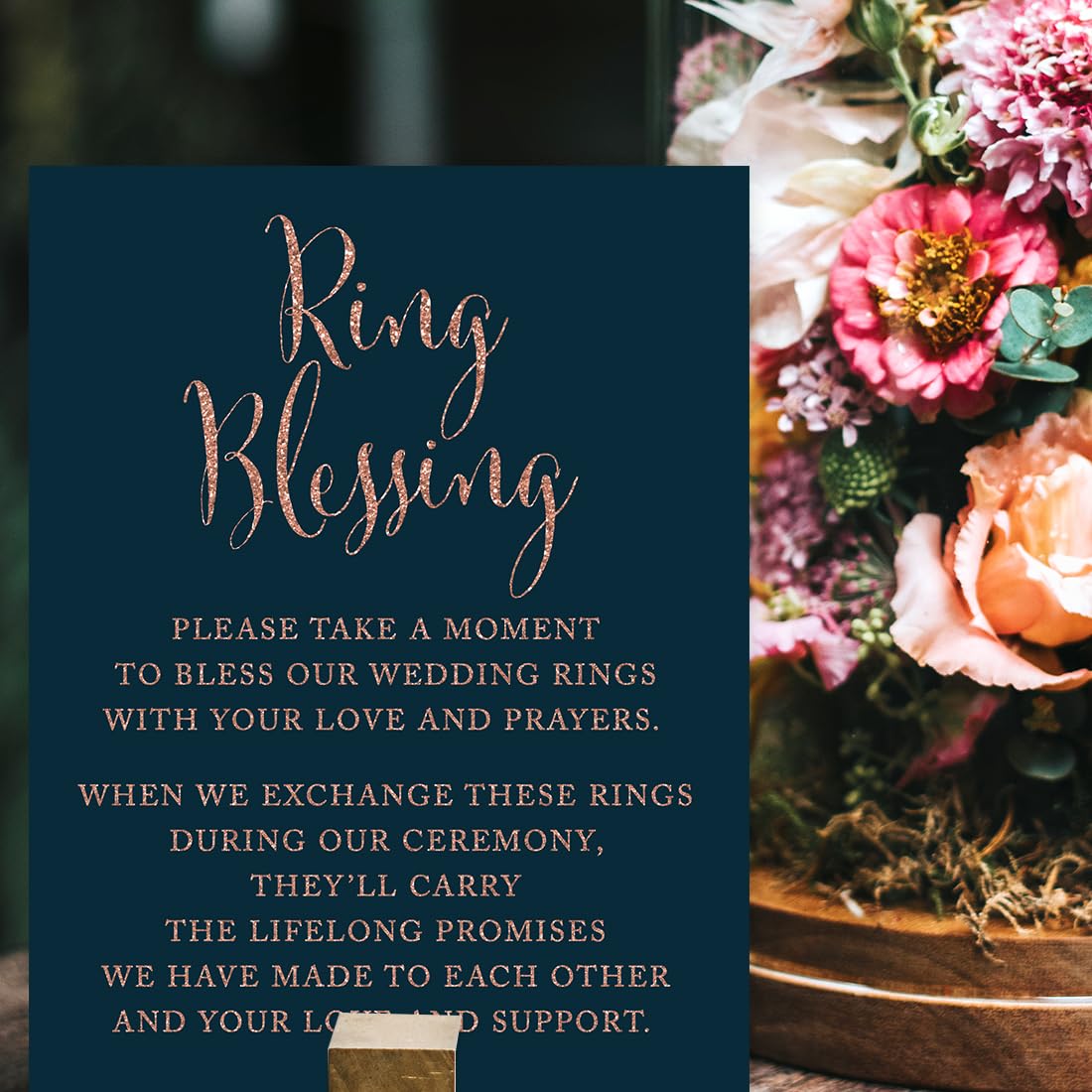 Faux Rose Gold Glitter Wedding Party Sign - 8.5x11 Inch Navy Blue Ring Blessing Decor | 1-Pack Elegant Celebration Signage for Wedding Reception, Bridal Shower & Anniversary Decorations