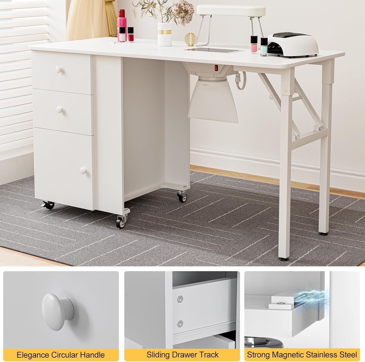 Foldable Manicure Table with Built-in Dust Collector - Adjustable Nail Desk with Wrist Pad & Lockable Wheels - Portable Nail Tech Station for Home Salon & Professional Use (White)