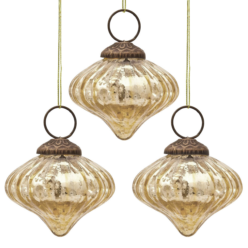 3 Pack Small Mercury Glass Ornaments - 2.5 Inch Gold Christmas Tree Decorations with Lucy Design for Holiday, Wedding & Home Decor