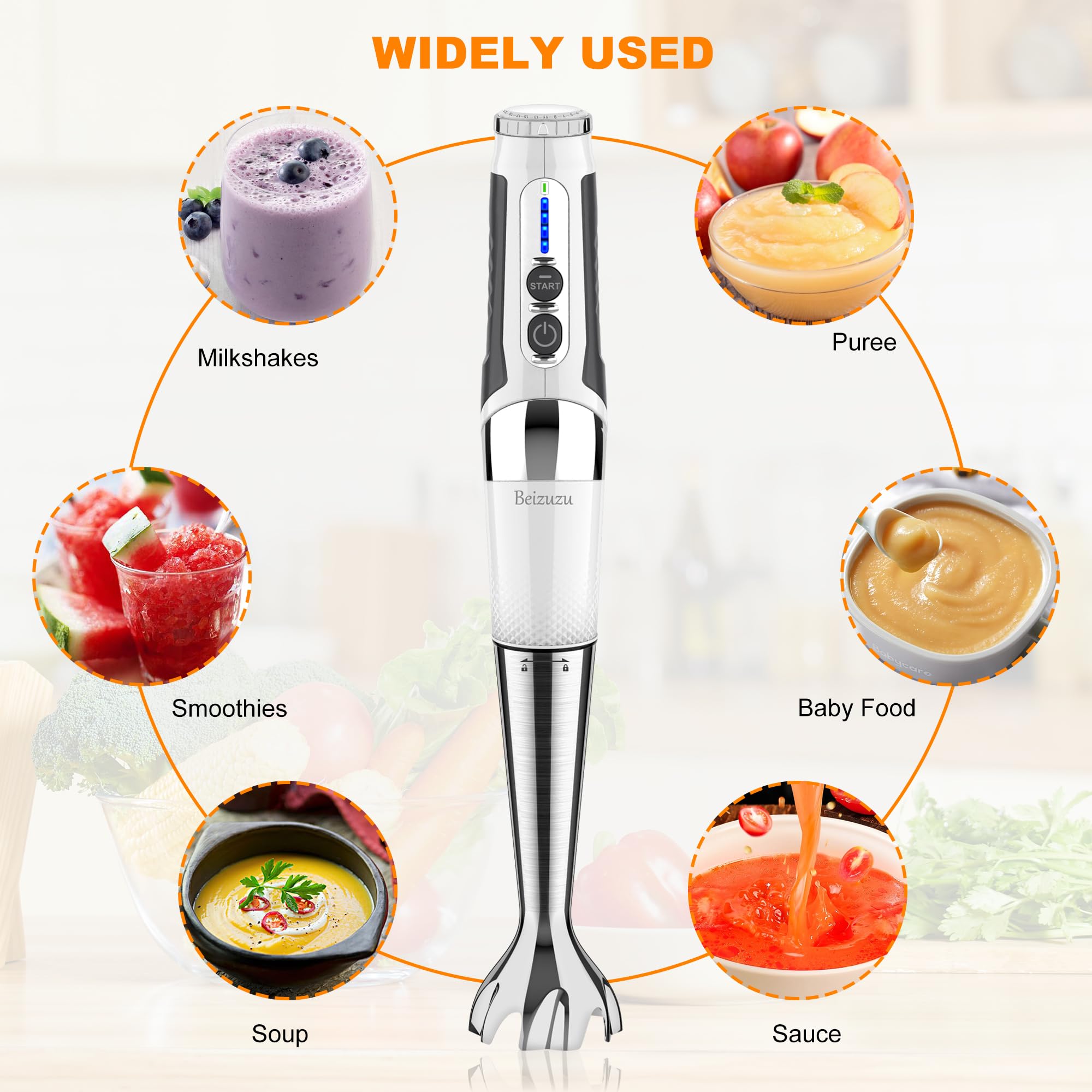 Rechargeable Cordless Hand Blender - 21 Speed Settings, 3 Angle Adjustable with 304 Stainless Steel Blades - Perfect for Smoothies, Milkshakes, Soups, Purees & Baby Food - Ideal for Kitchen, Camping & Small Spaces (White)