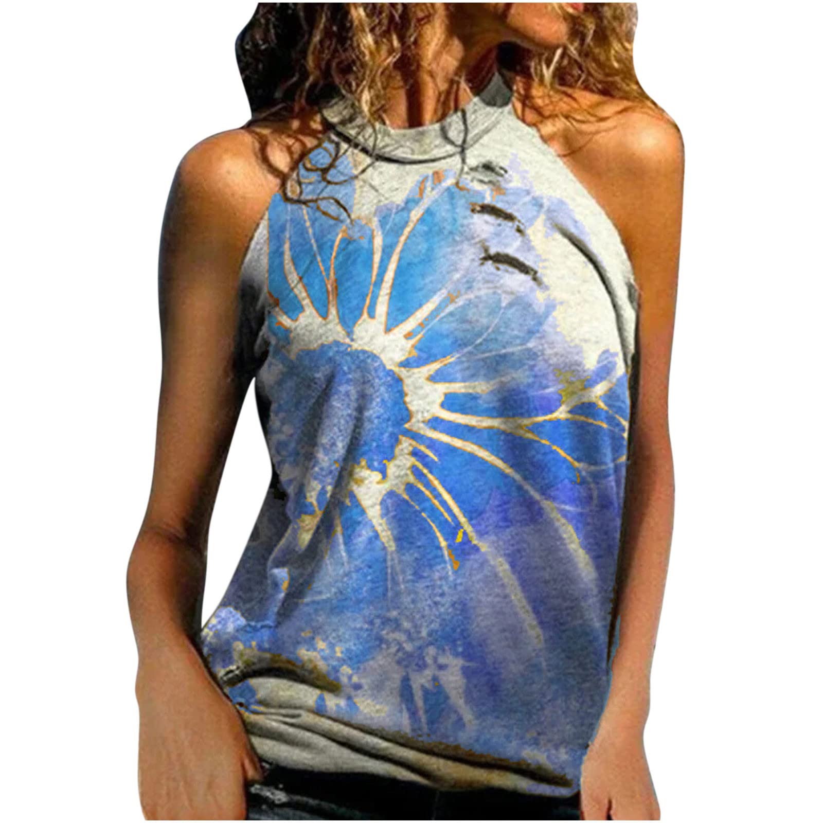 Women's Halter Tops - Floral Sunflower Print Summer Short Sleeve & Sleeveless Tunic Blouses for Casual Wear | Beach, Vacation, Outdoor Activities, and Daily Fashion