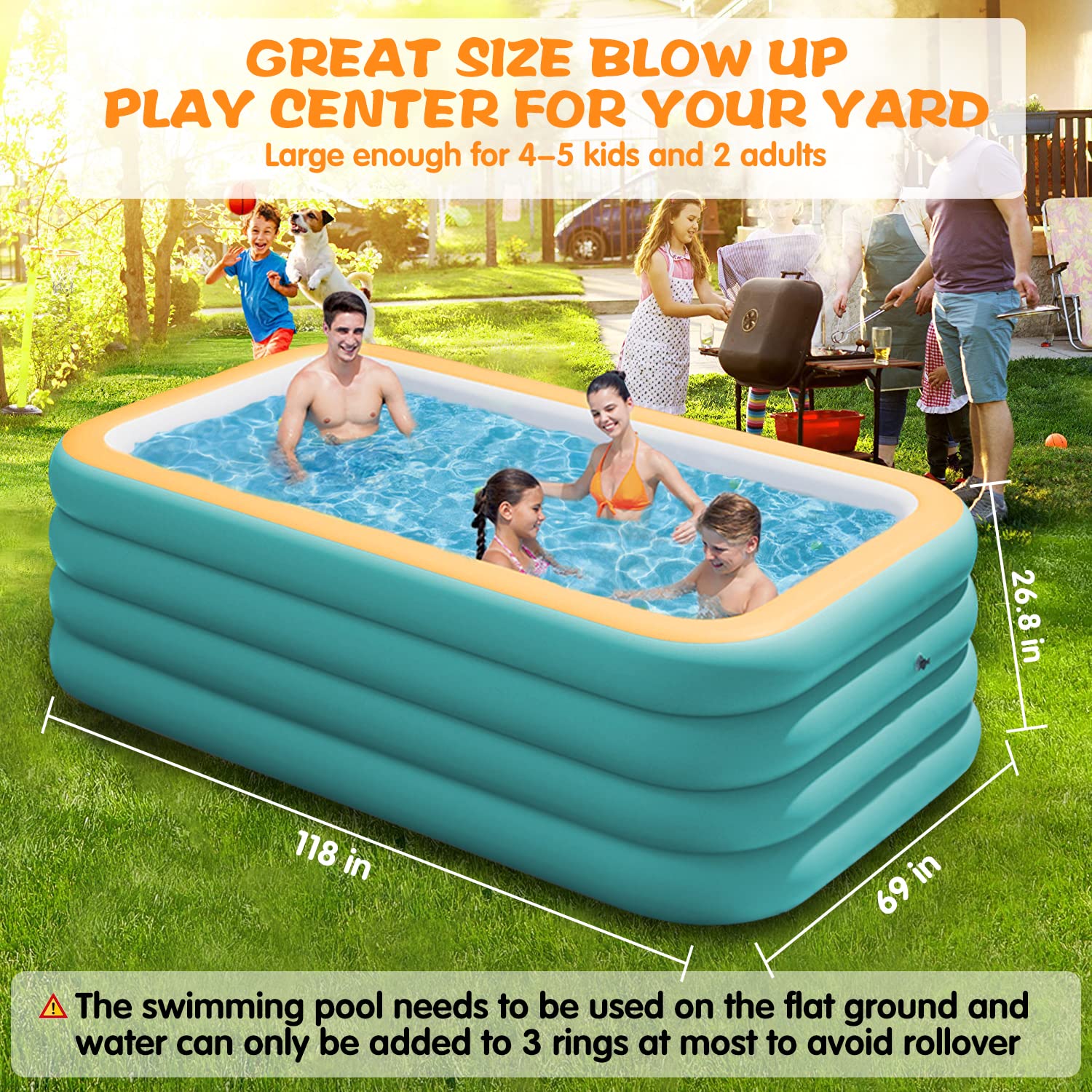 10ft 4-Ring Inflatable Above Ground Swimming Pool for Kids & Adults - 118x69x27in Family Backyard Pool with 4 Layers, Green & Orange - Perfect for Summer Water Parties, Garden Fun, and Outdoor Family Activities