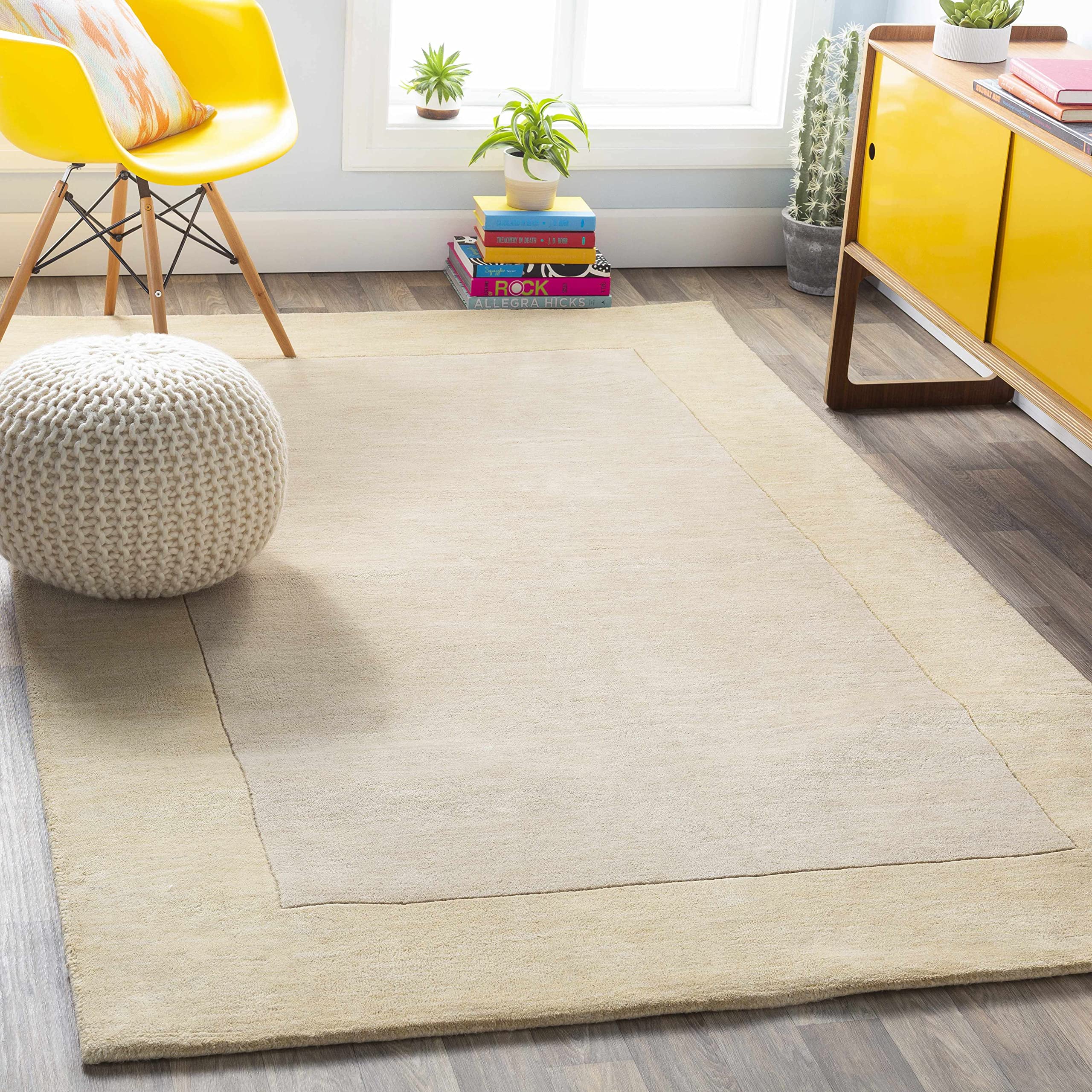 Hauteloom Slade Wool Area Rug 2' x 3' - Soft Beige Solid & Border Design for Living Room, Bedroom - Cozy Home Decor & Perfect for High Traffic Areas