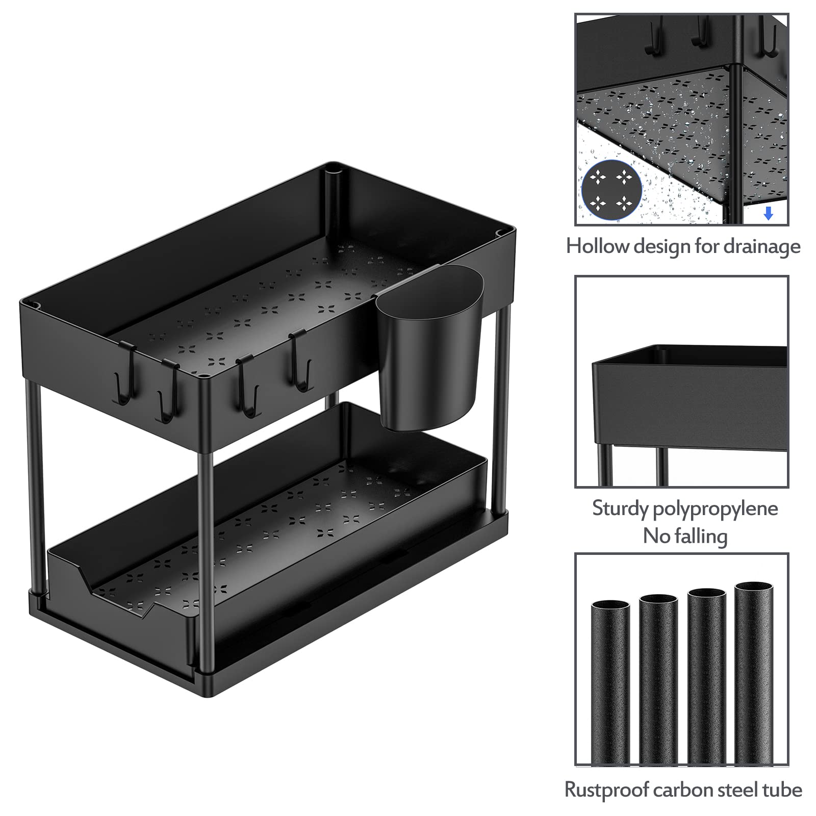 Puricon 2-Tier Under Sink Organizer - Space Saving Kitchen & Bathroom Storage Shelf, Multi-Purpose Cabinet Organizer for Sponges, Cleaners & Supplies - Black - Perfect for Small Spaces & Clutter-Free Homes