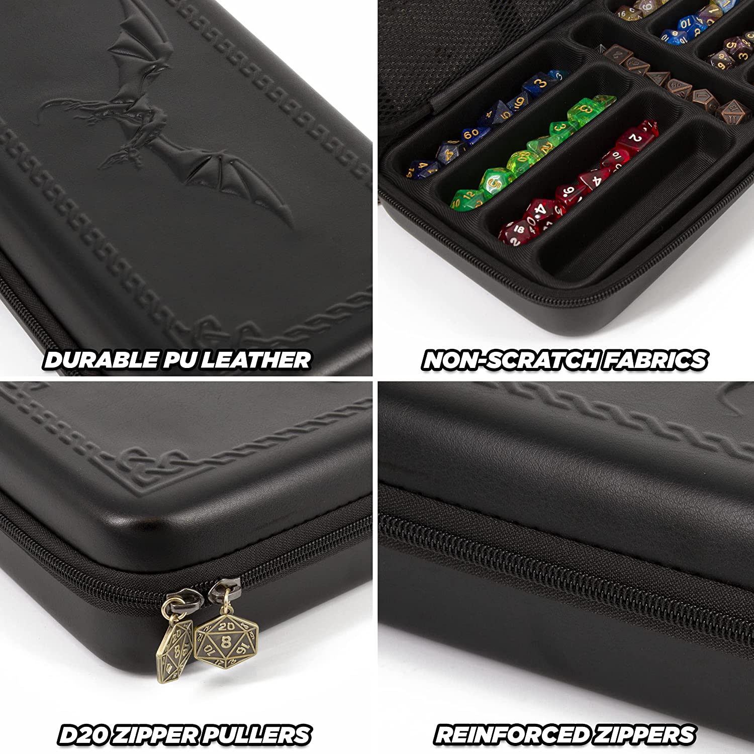 CASEMATIX Dragon Embossed Dice Box & Card Holder - Storage for 9 Sets RPG Dice, Spell Cards, Counters & Accessories - Perfect for D&D, MTG & Tabletop Gaming Adventures