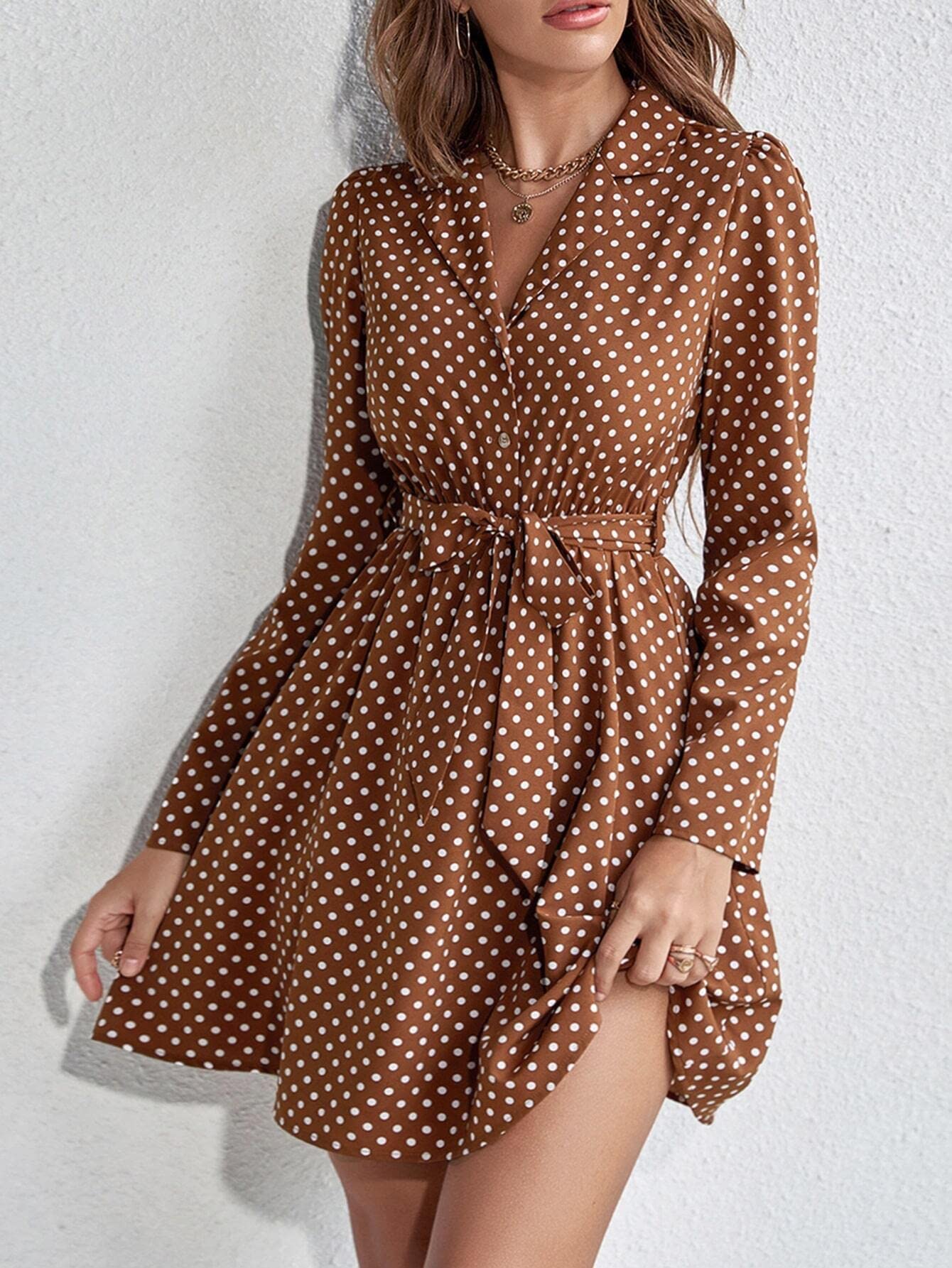HAOSHU Women's Short Sleeveless Polka Dot Button Front Belted Shirt Dress - Casual Summer Dress for Spring, Summer, Beach, Vacation & Date Night