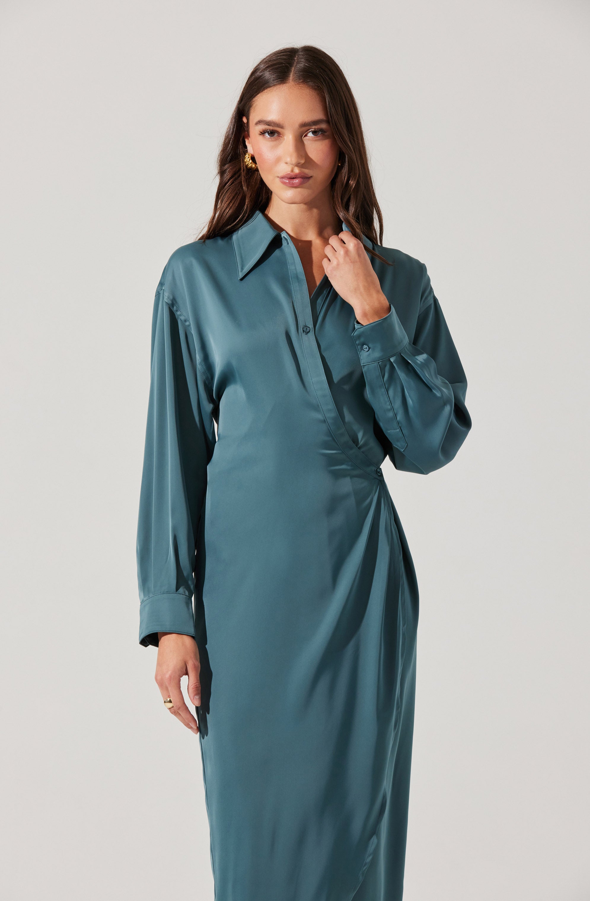 Elegant Ira Satin Wrap Shirt Dress for Women - Stylish Button Down Midi Dress with Belt - Perfect for Office, Date Night & Special Occasions
