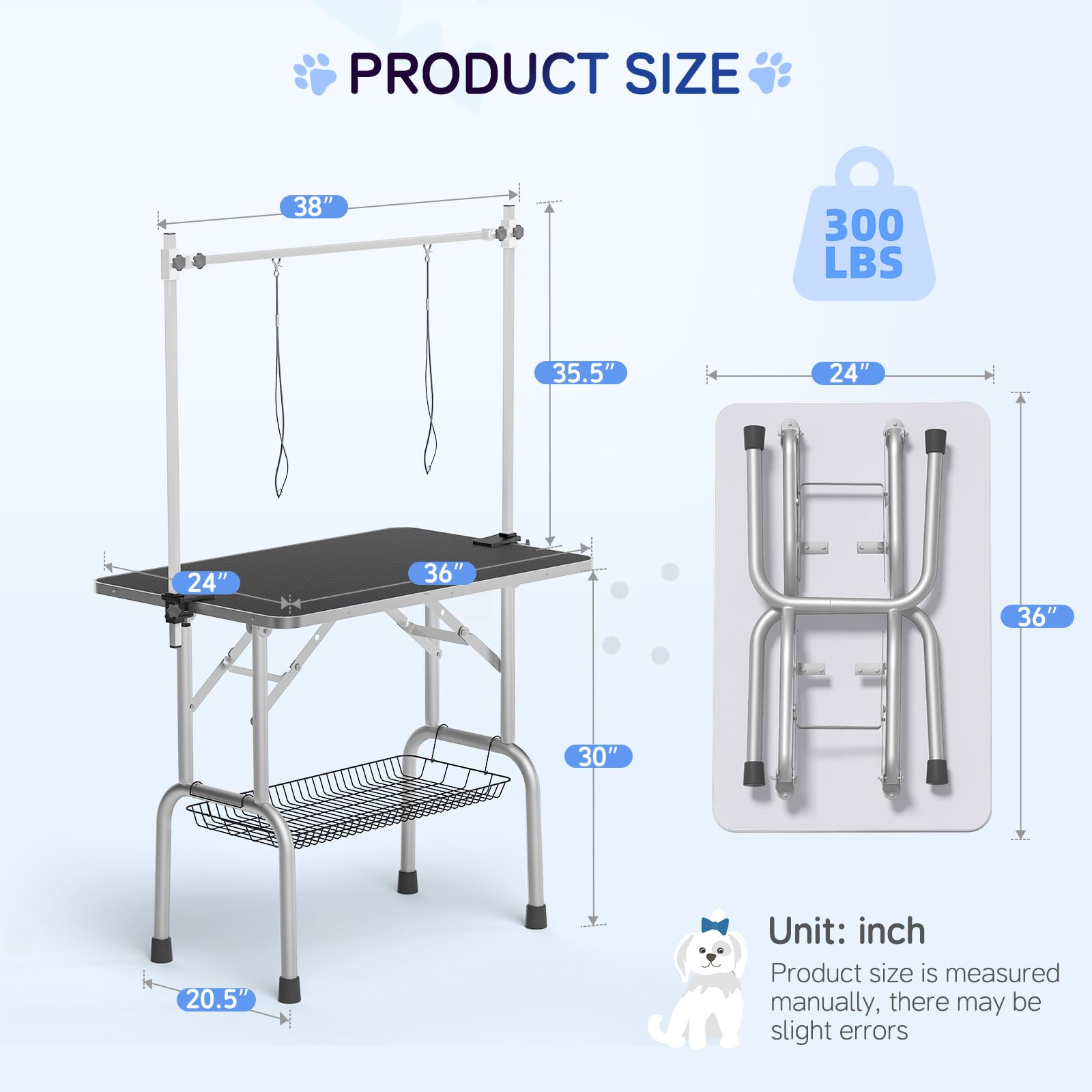 Foldable Adjustable Height 36-inch Dog Grooming Table with Arm Noose & Mesh Tray - Portable Pet Grooming Station Supports Up to 300lbs (Dark Black) - Perfect for Professional Groomers, Home Pet Care & Mobile Grooming Services