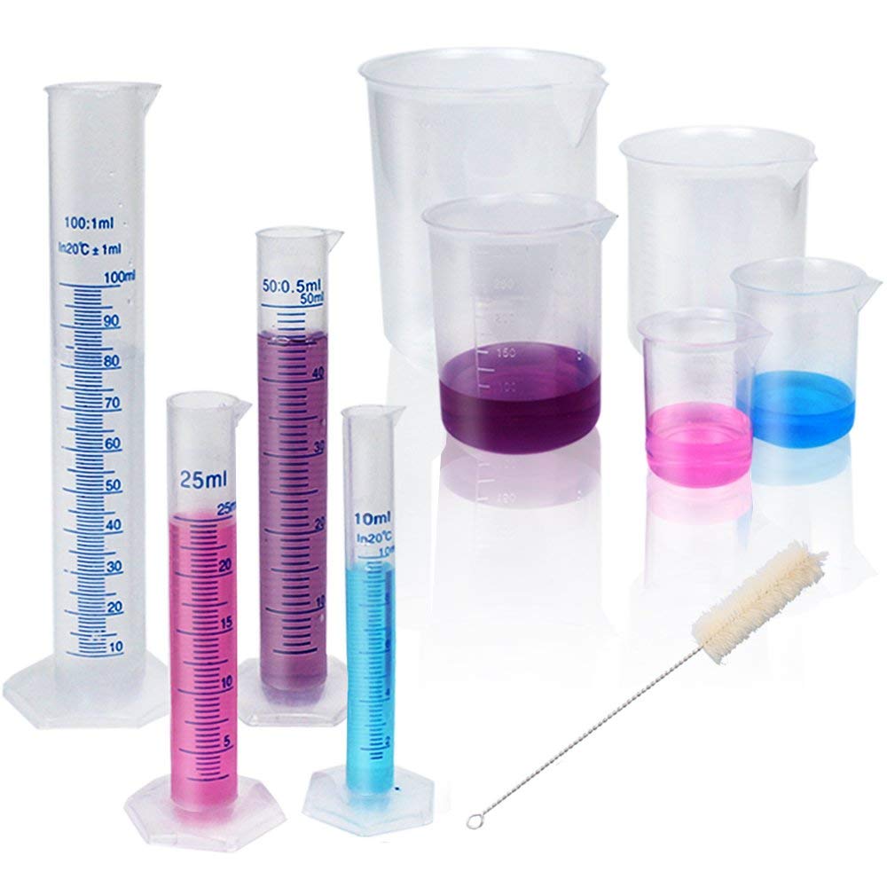 ECNEICS Plastic Lab Equipment Kit - 10ml to 1000ml Graduated Cylinders & Beakers Set with Cleaning Brush for Science Experiments, Chemistry Labs & School Projects