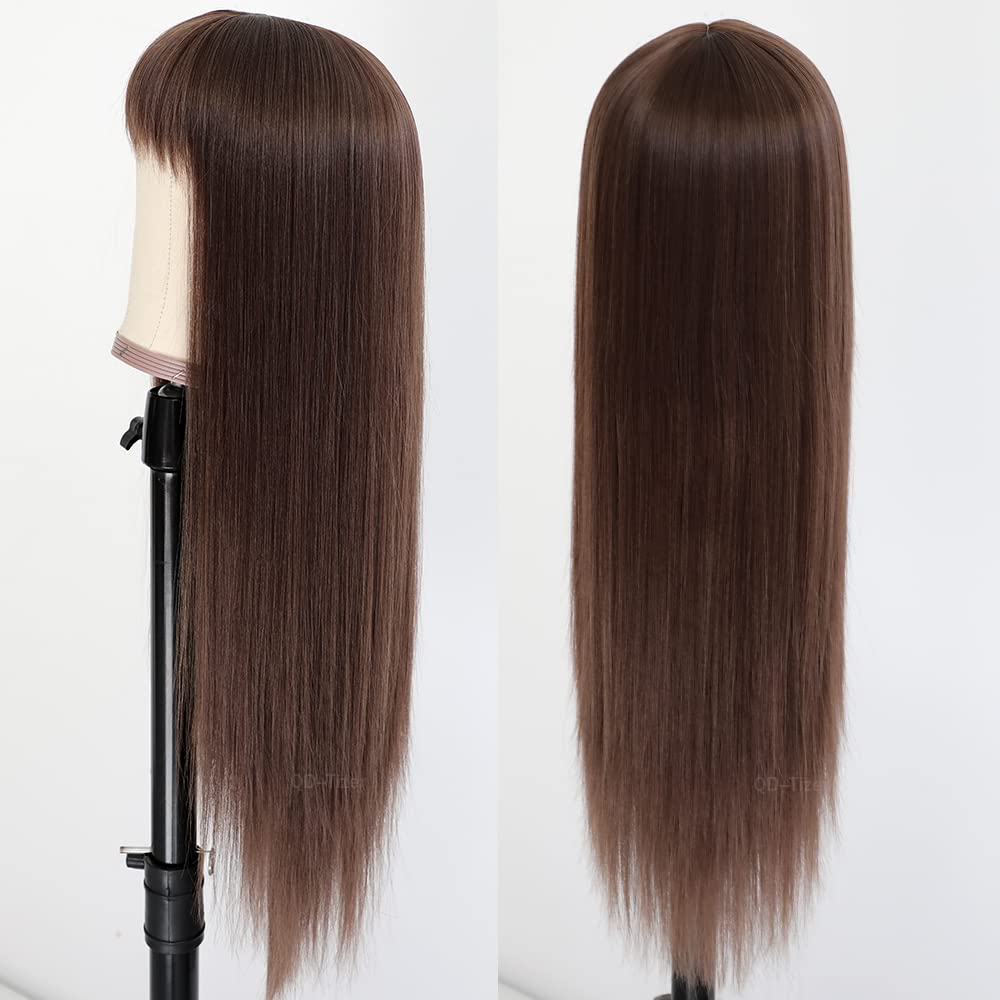 QD-Tizer Long Straight Brown Synthetic Wig with Bangs - Heat Resistant No Lace Fashion Wig for Women | Perfect for Cosplay, Daily Wear & Special Occasions