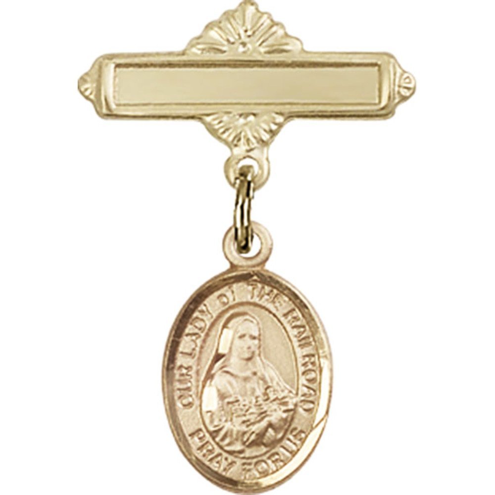 Gold Filled Baby Badge with Our Lady of The Railroad Charm - 1 X 5/8 Inches Polished Pin for Jewelry Making, Collectibles & Religious Gifts