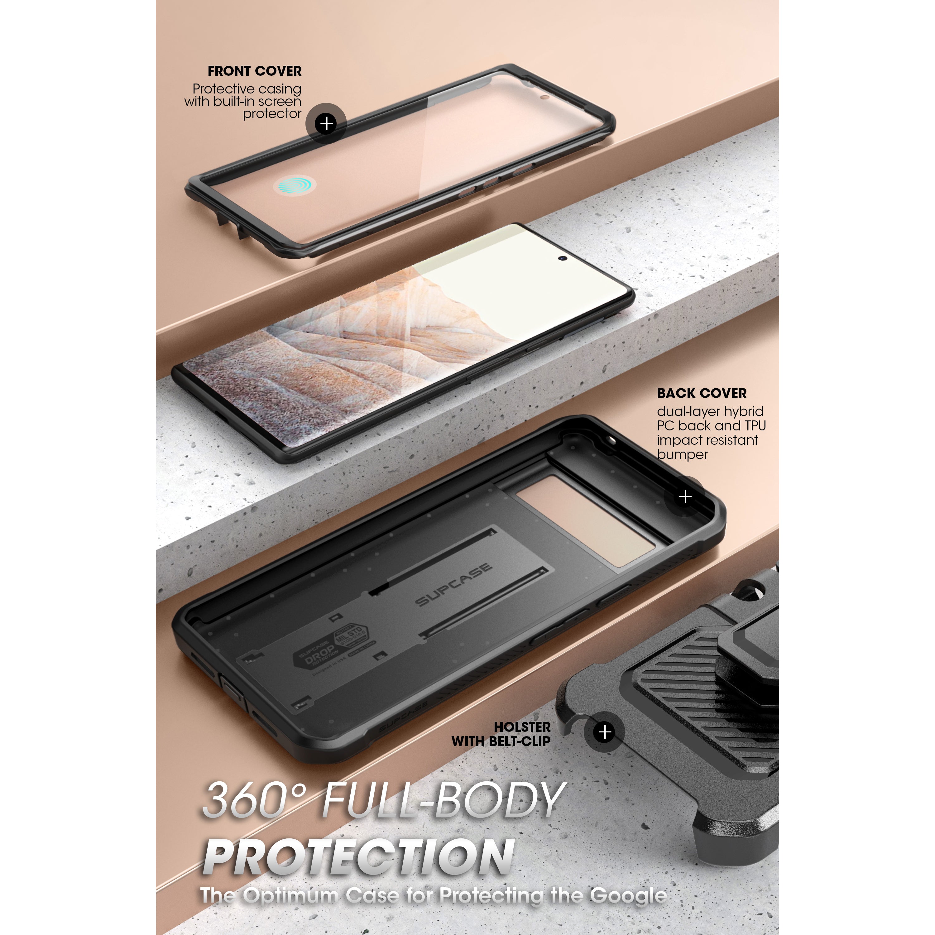 Google Pixel 7a Case - Unicorn Beetle PRO Rugged Holster Protective Cover with Kickstand (Black) - Shockproof, Military-Grade Protection for Outdoor, Work & Daily Use