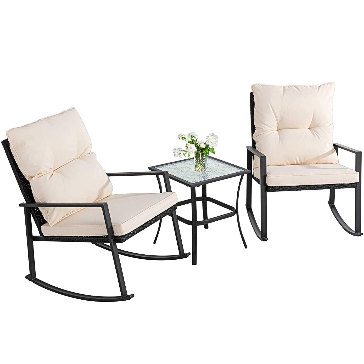 Walsunny 3-Piece Outdoor Patio Furniture Set - Modern Wicker Rattan Rocking Bistro Chairs with Coffee Table - Beige Conversation Set for Garden, Balcony & Backyard Relaxation