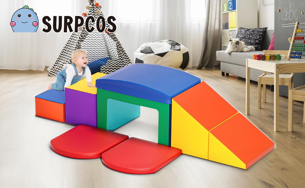 **SURPCOS 6-Piece Soft Foam Climber Play Set for Toddlers 1-3 – Indoor Crawl & Climb Toy with Slide, Stairs & Ramp – Safe & Colorful Toddler Climbing Gym for Playrooms, Daycares & Home Use**