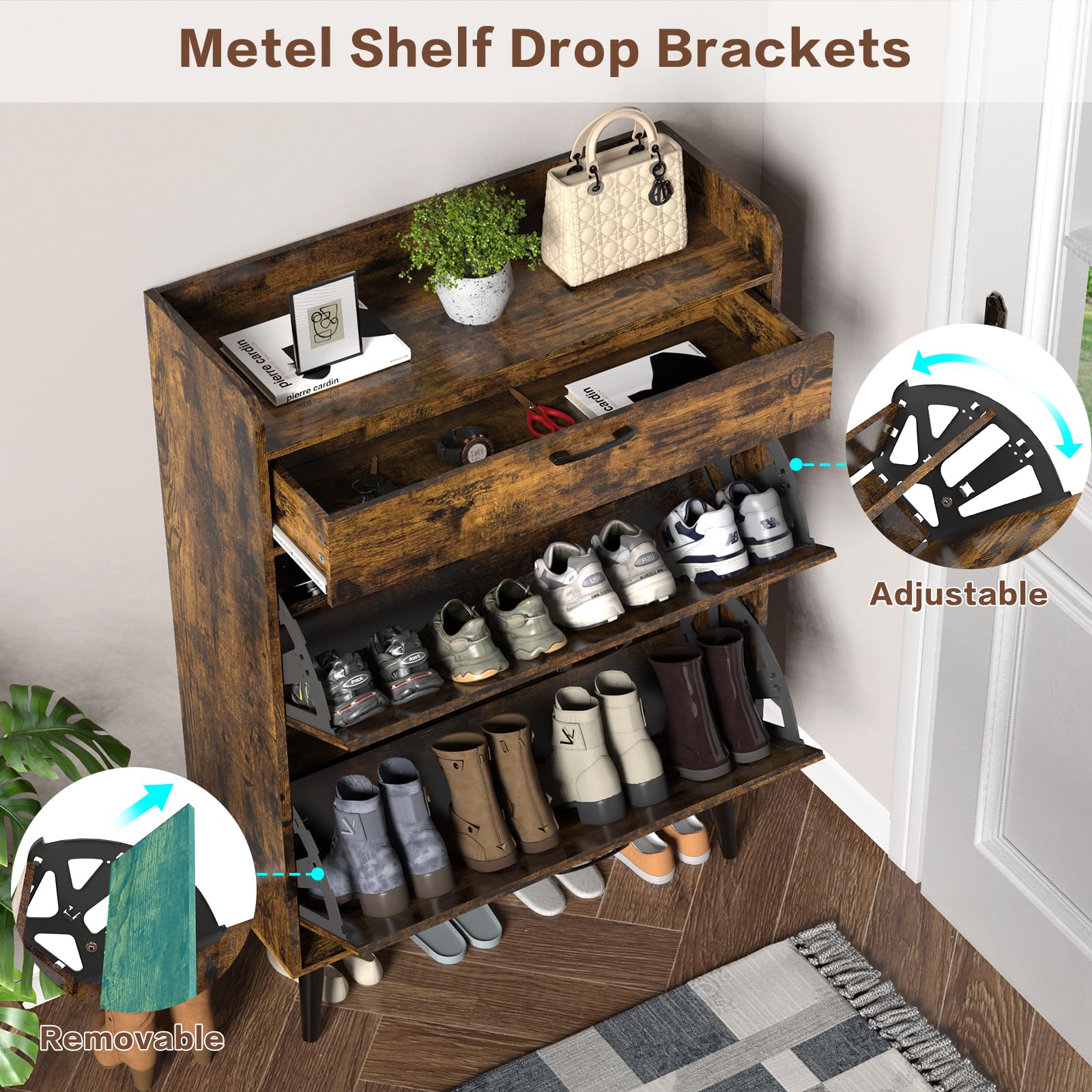EasyCom 12-Pair Shoe Storage Cabinet with 2 Flip Drawers & Top Compartment - Freestanding Entryway Shoe Organizer with Metal Legs, Rustic Brown - Perfect for Small Spaces, Closet Organization & Entryway Storage