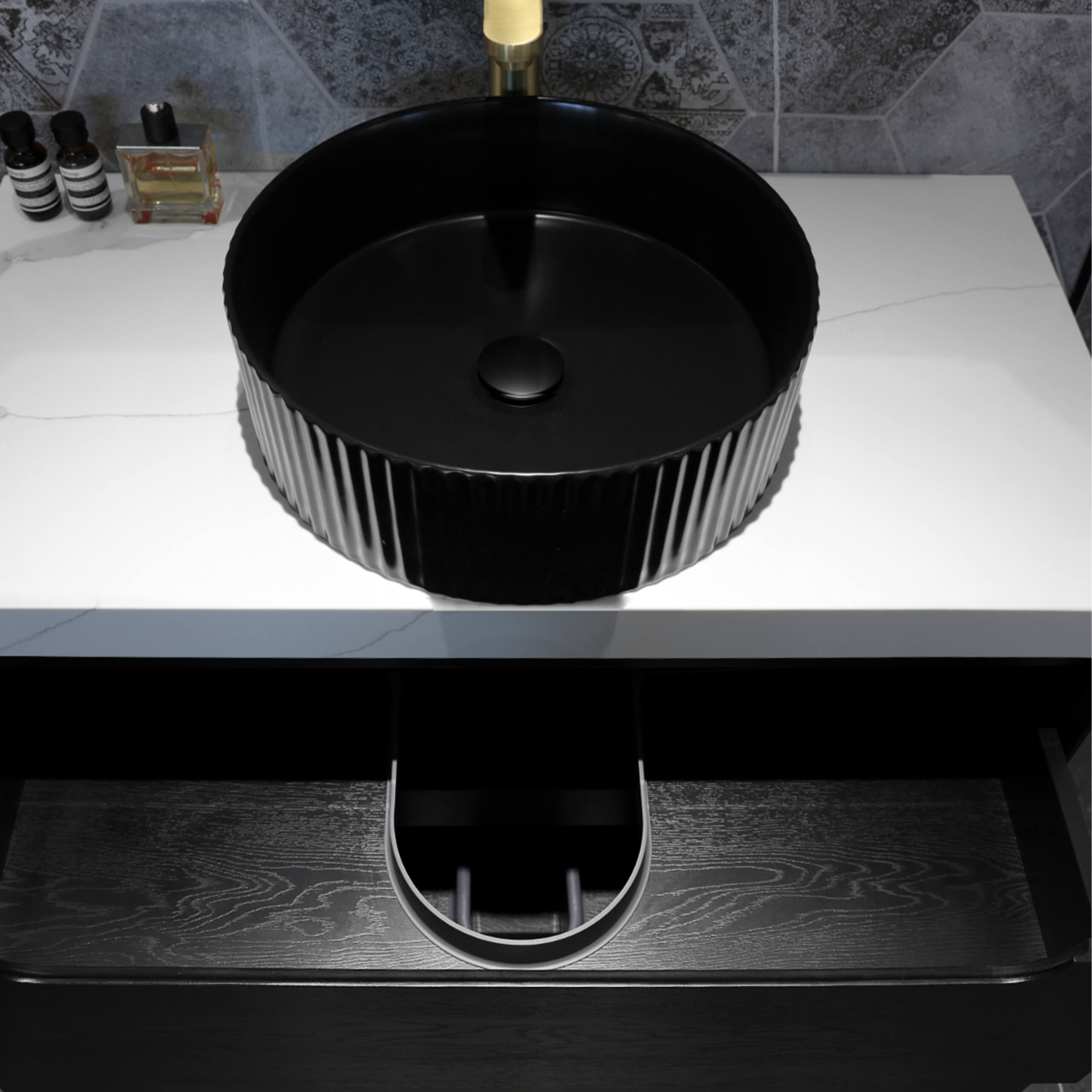 Marlo 400mm Round Above Counter Bathroom Sink - Matte Black Finish for Modern Vanity & Powder Room Decor