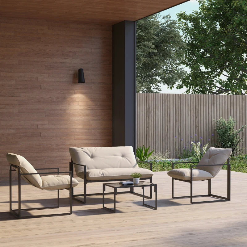 Outsunny 4-Piece Outdoor Patio Furniture Set with Tempered Glass Table, Loveseat, 2 Chairs & Cushions - Beige - Perfect for Garden, Backyard, Poolside & Balcony Relaxation