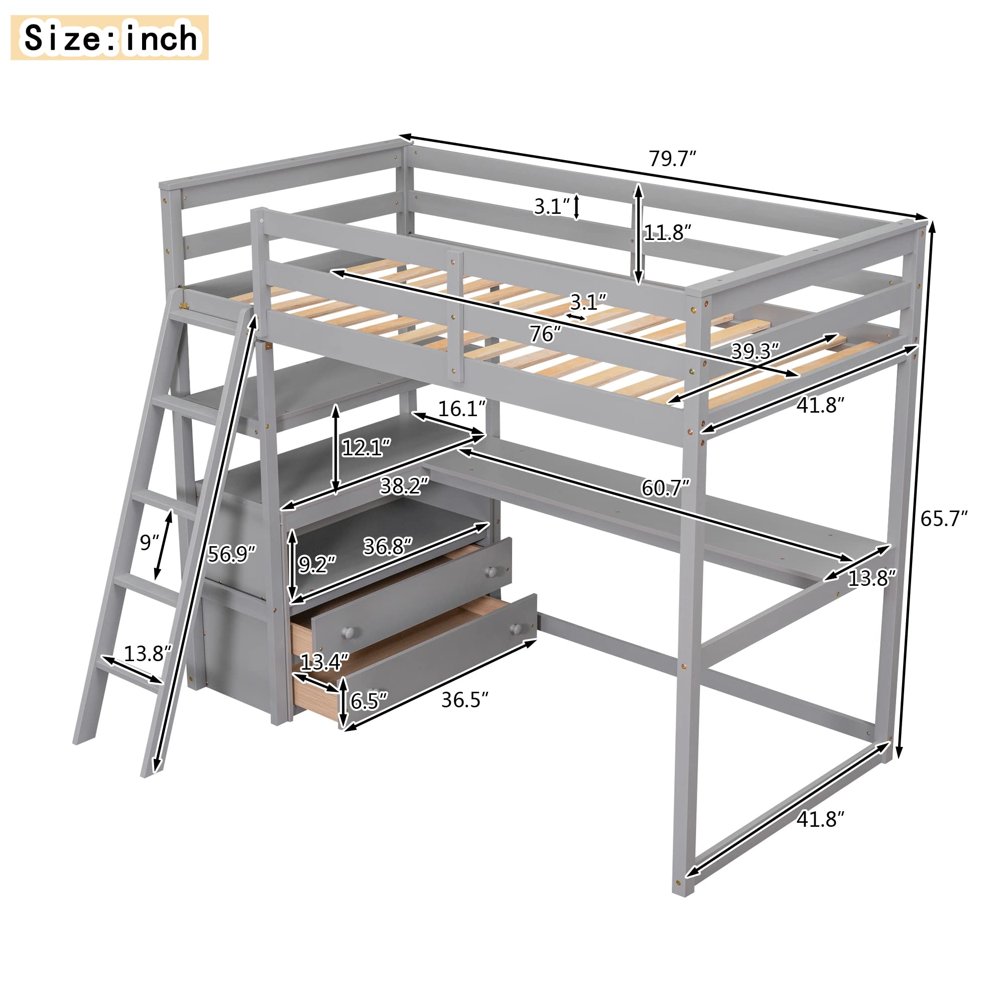 Harper & Bright Designs Twin Size Loft Bed with Desk & Shelves for Kids - Space Saving Study Bed with 2 Built-in Drawers, Gray - Perfect for Small Bedrooms, Dorm Rooms & Kids Study Areas