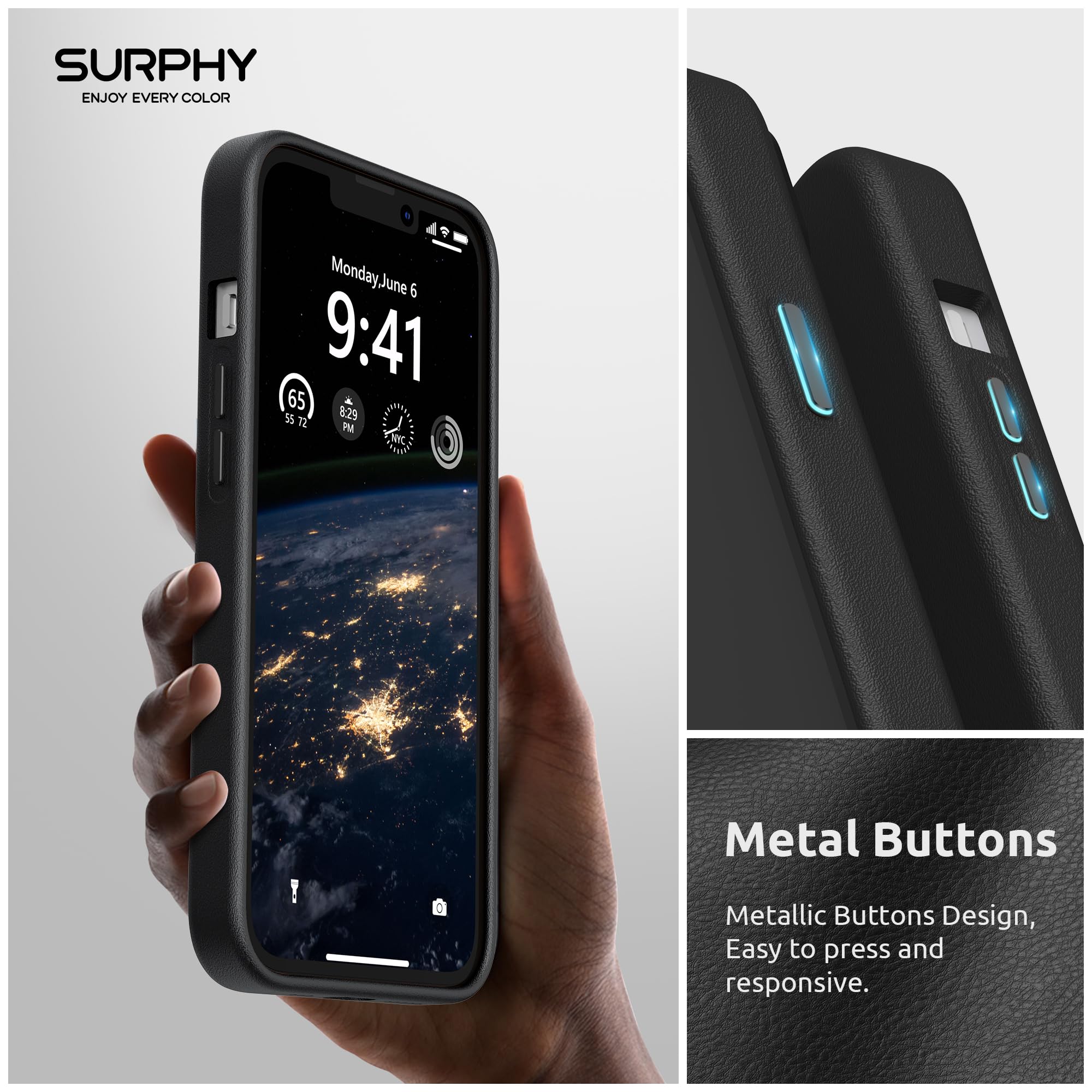 Premium Faux Leather iPhone 13 Mini Case (5.4 inch 2021) - SURPHY Slim Protective Cover with Metallic Buttons & Soft Microfiber Lining | Perfect for Work, Travel & Everyday Use | Black