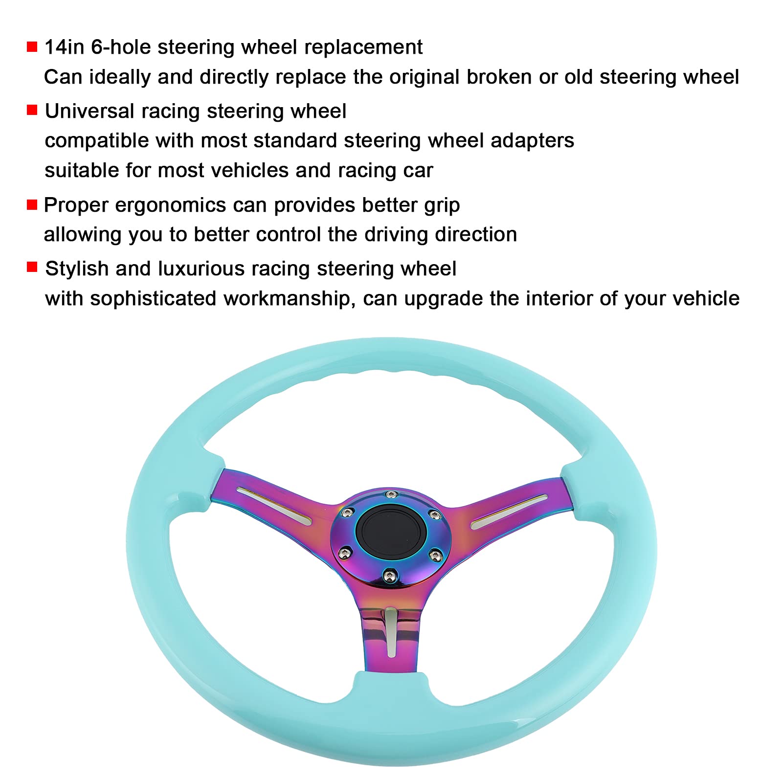 Qiilu 14 Inch Universal Racing Steering Wheel - 350mm Drift Wheel with 6 Bolt Pattern & Horn Button for Cars (Light Blue) | Perfect for Street Racing, Drifting & Car Upgrades