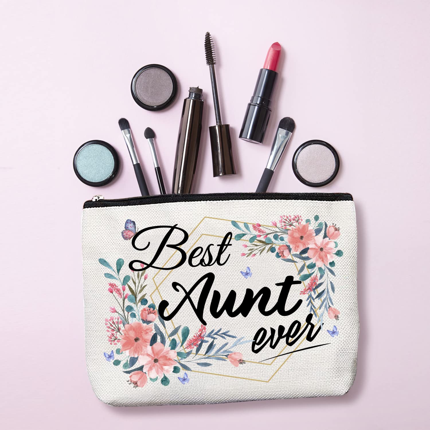 Best Aunt Ever Gifts - Personalized Auntie Compact Mirror & Makeup Cosmetic Bag - Birthday Present from Niece - Perfect for Travel, Daily Use & Special Occasions